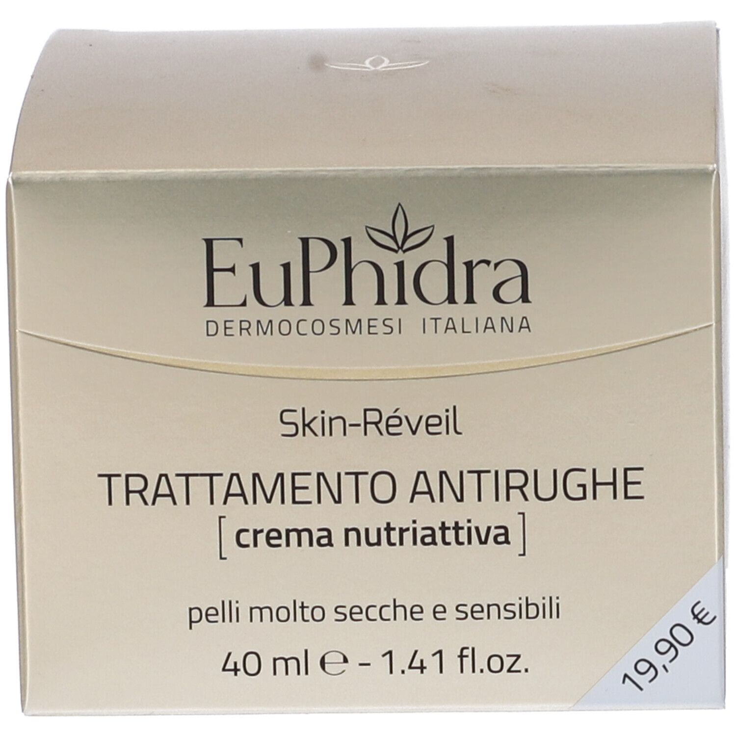 Verpackung mit Produktinformationen. Auf der Verpackung steht EuPhidra, Skin-Réveil, Trattamento antirughe.
