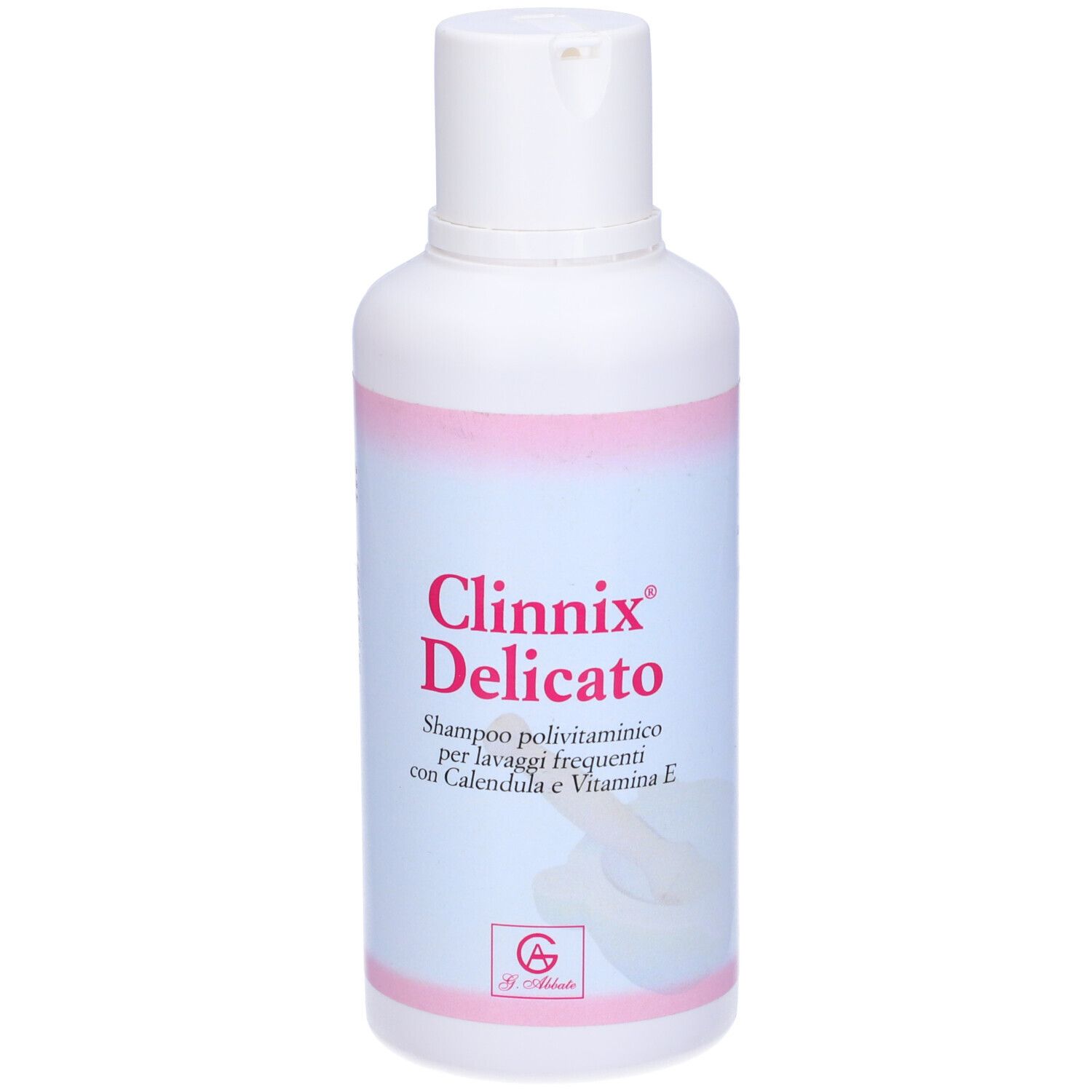 Bouteille blanche avec bande rose et inscription Clinnix Delicato. Shampooing pour lavages fréquents.