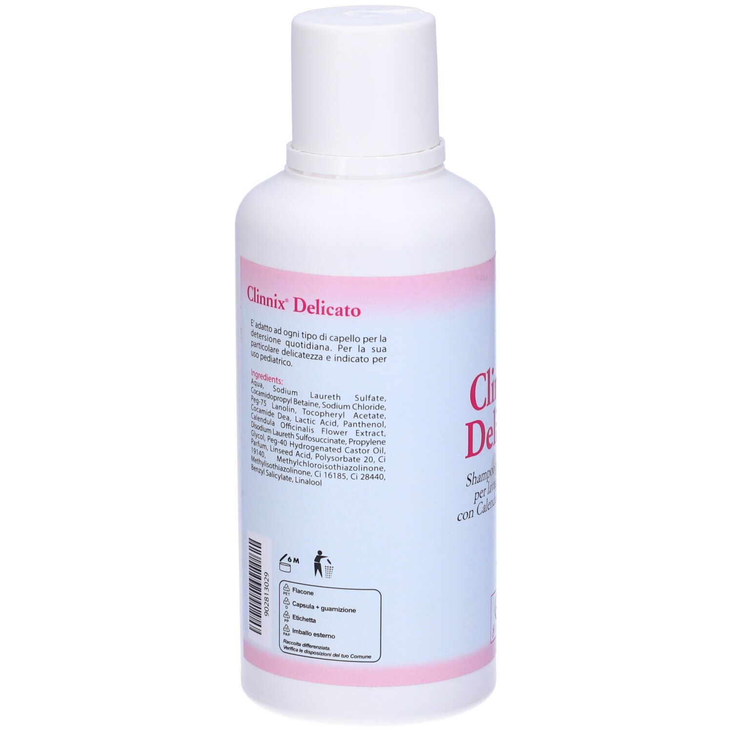 Bouteille blanche avec bande rose. Inscription Clinnix Delicato. Ingrédients et instructions d'utilisation.