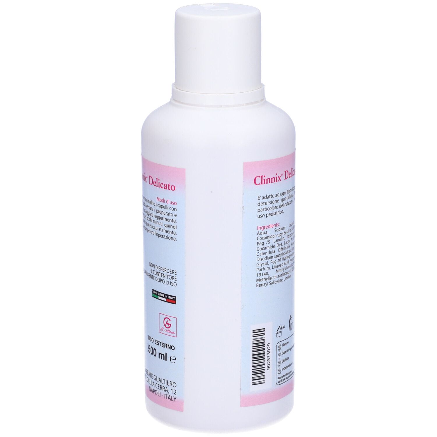 Bouteille blanche avec bande rose. Inscription Clinnix Delicato. Plus d'informations et ingrédients.