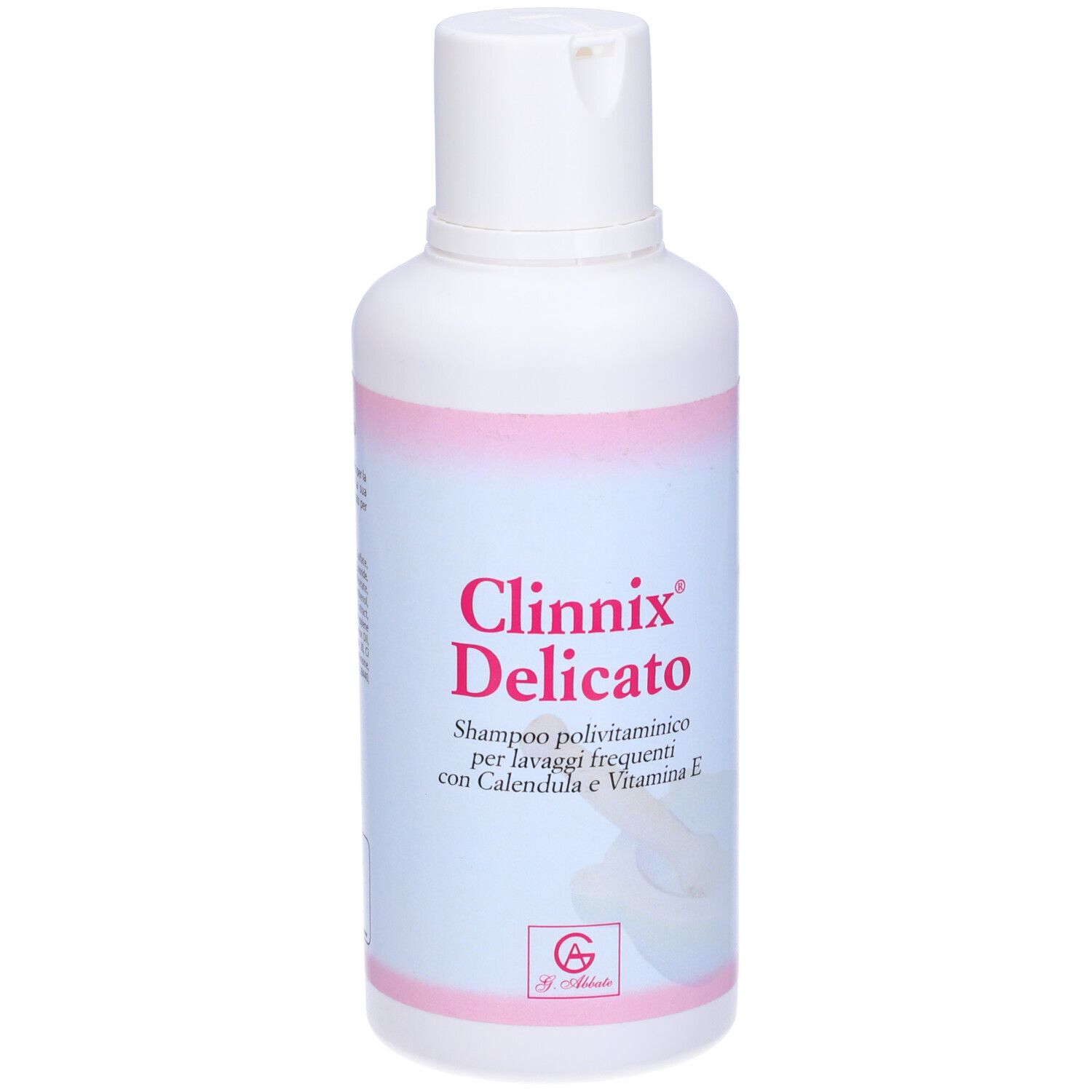 Bouteille blanche avec bande rose et inscription Clinnix Delicato. Shampooing pour lavages fréquents.