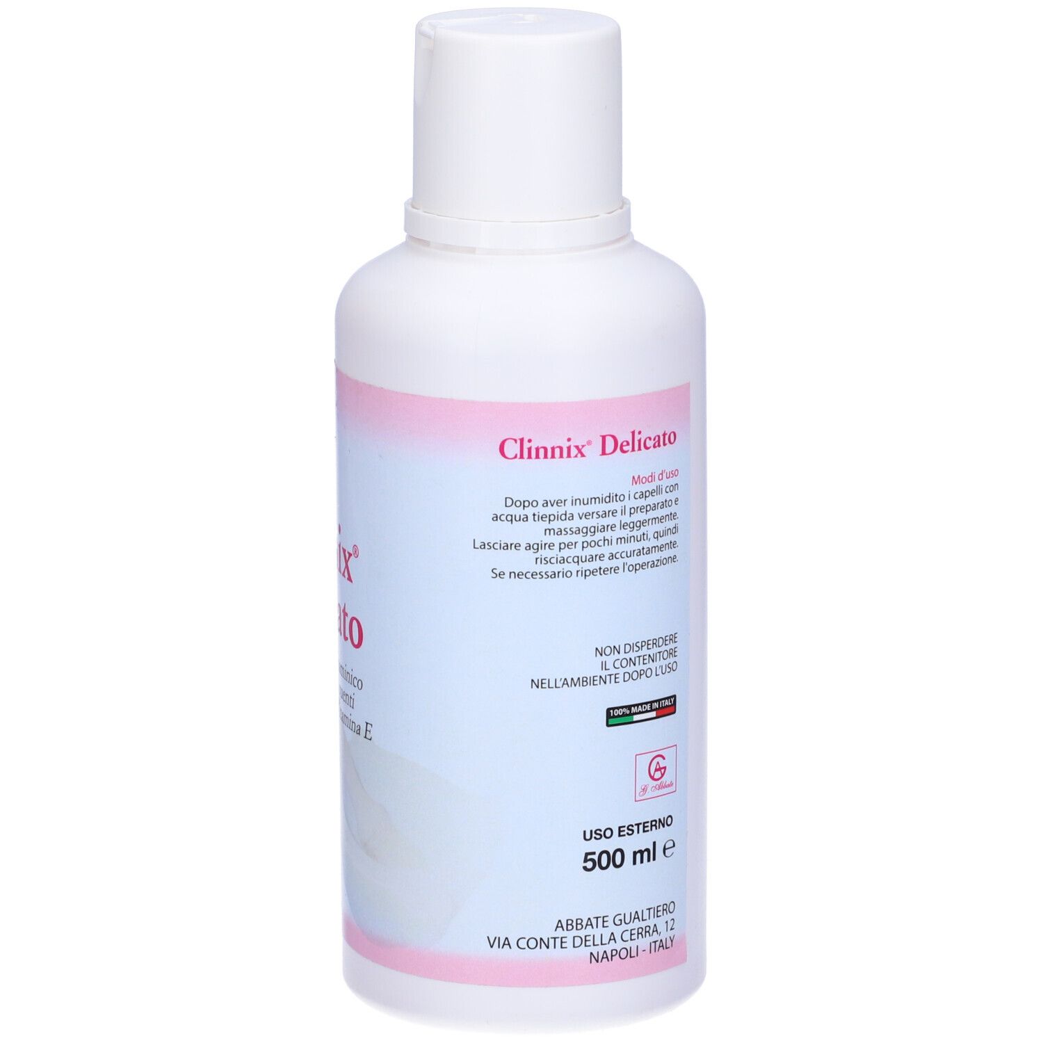 Bouteille blanche avec bande rose et inscription Clinnix Delicato. Instructions d'utilisation et ingrédients.