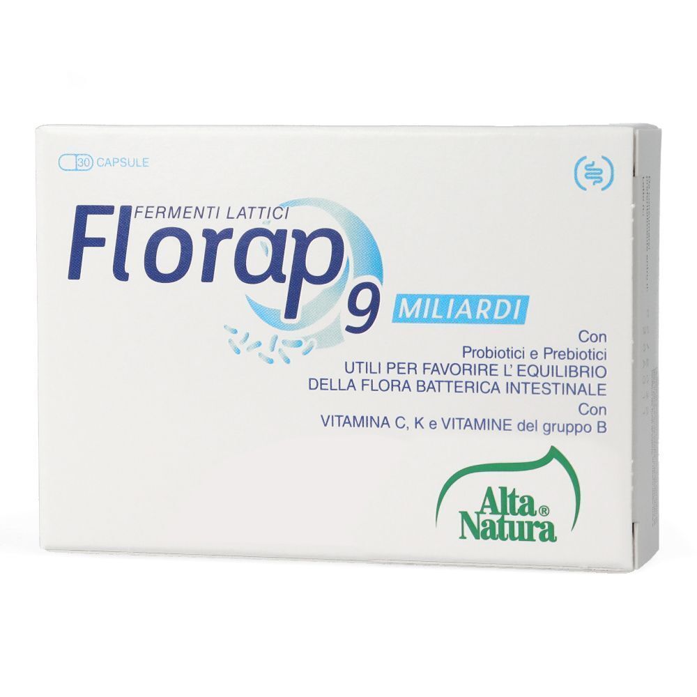 Weiße Schachtel mit blauer Aufschrift. Text: Florap 9 Miliardi, Fermenti Lattici. Logo: Alta Natura. Enthält Probiotika und Präbiotika.