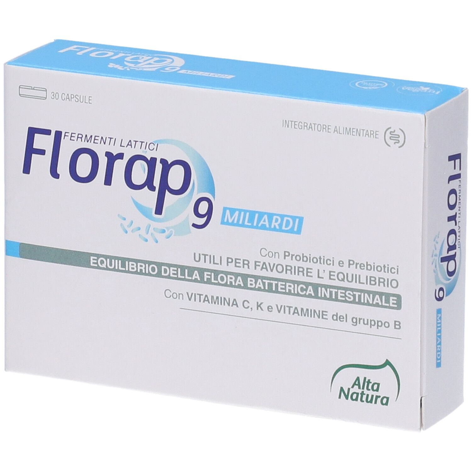 Weiße Schachtel mit blauer Aufschrift. Text: Florap 9 Miliardi, Fermenti Lattici. Logo: Alta Natura. Enthält Probiotika und Präbiotika.