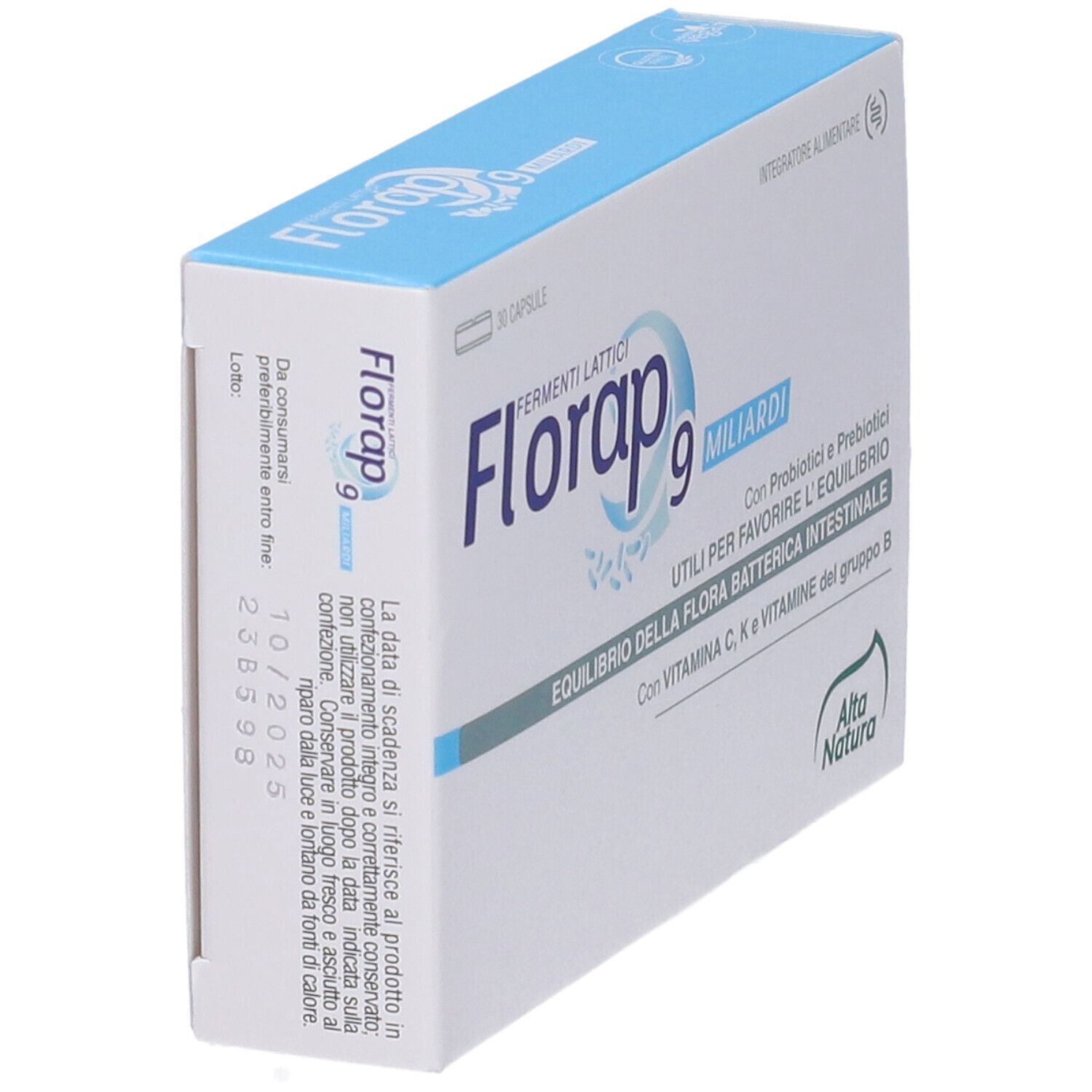 Schachtel, schräg von oben. Text: Florap 9 Miliardi, Fermenti Lattici. Logo: Alta Natura. Enthält Probiotika und Präbiotika. Haltbarkeitsdatum.