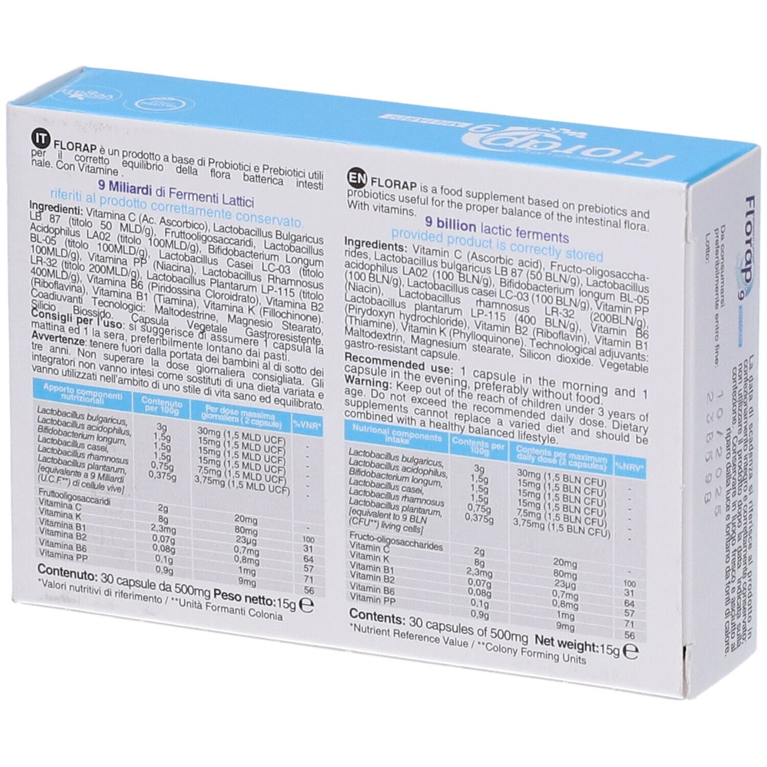 Rückseite der Schachtel. Text in Italienisch und Englisch. Inhaltsstoffe, Nährwertangaben und Verzehrempfehlung. 30 Kapseln.