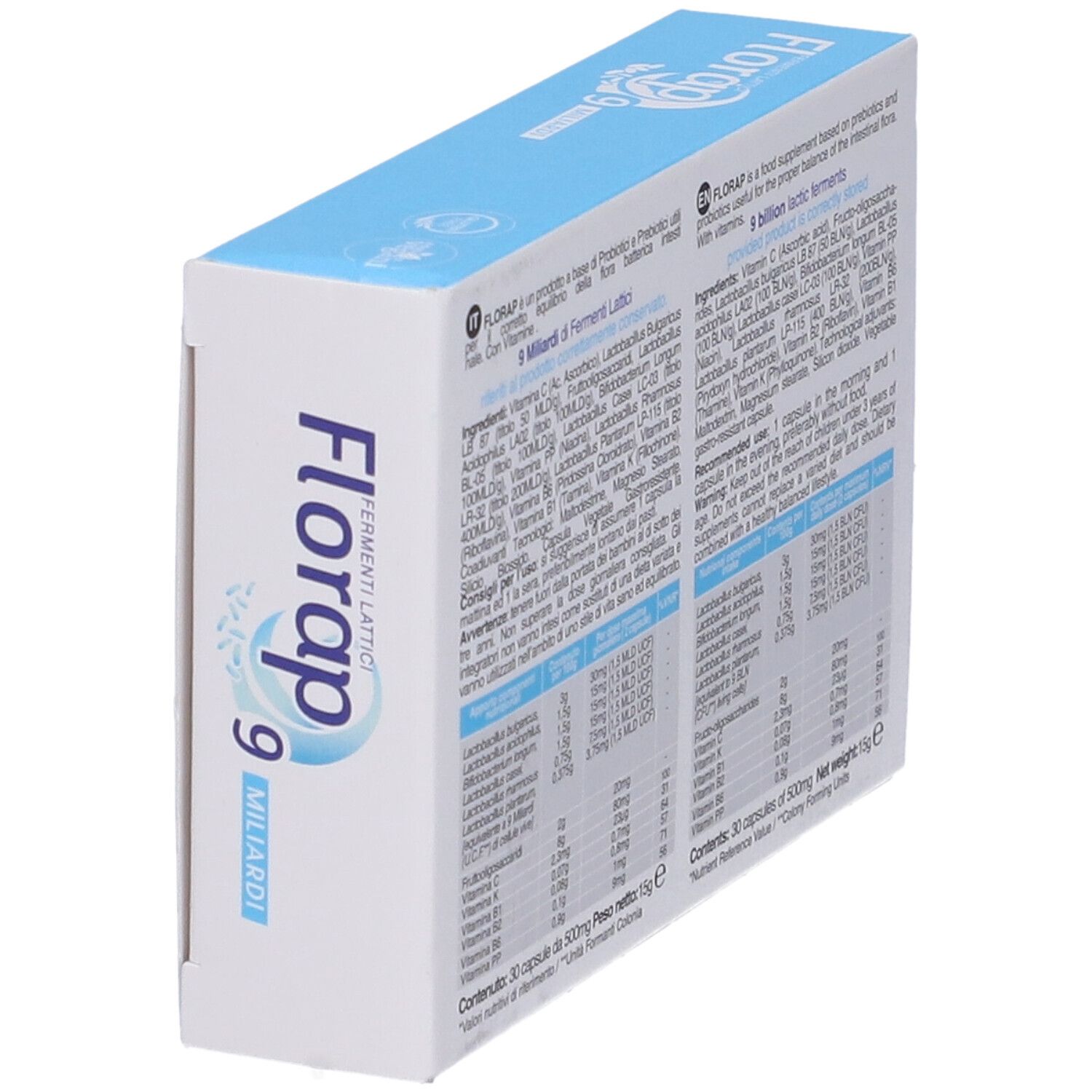 Schachtel, schräg von oben. Text: Florap 9 Miliardi, Fermenti Lattici. Logo: Alta Natura. Enthält Probiotika und Präbiotika. Rückseite.