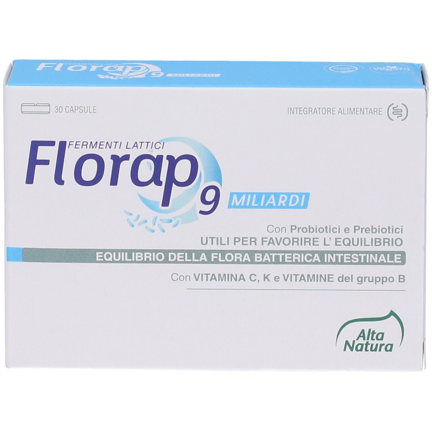 Weiße Schachtel mit blauer Aufschrift. Text: Florap 9 Miliardi, Fermenti Lattici. Logo: Alta Natura. Enthält Probiotika und Präbiotika.