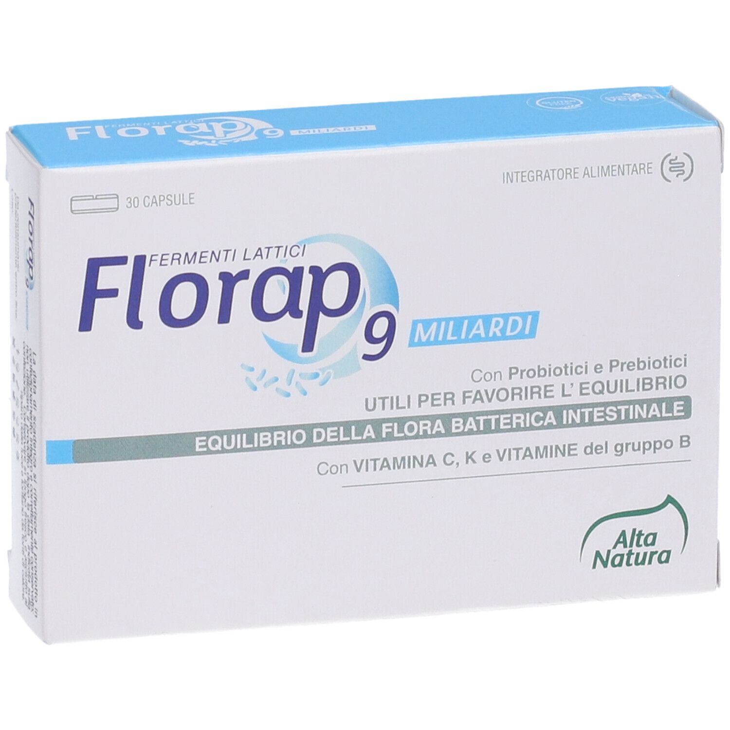 Weiße Schachtel mit blauer Aufschrift. Text: Florap 9 Miliardi, Fermenti Lattici. Logo: Alta Natura. Enthält Probiotika und Präbiotika.