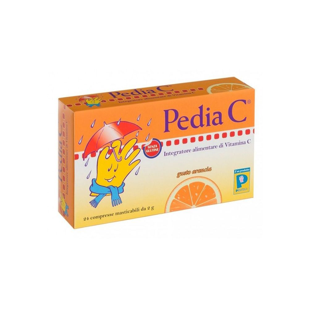 Pedia C-Verpackung. Orangefarbener Karton mit Produktnamen und Illustration. Enthält 24 Kautabletten. Glutenfrei.