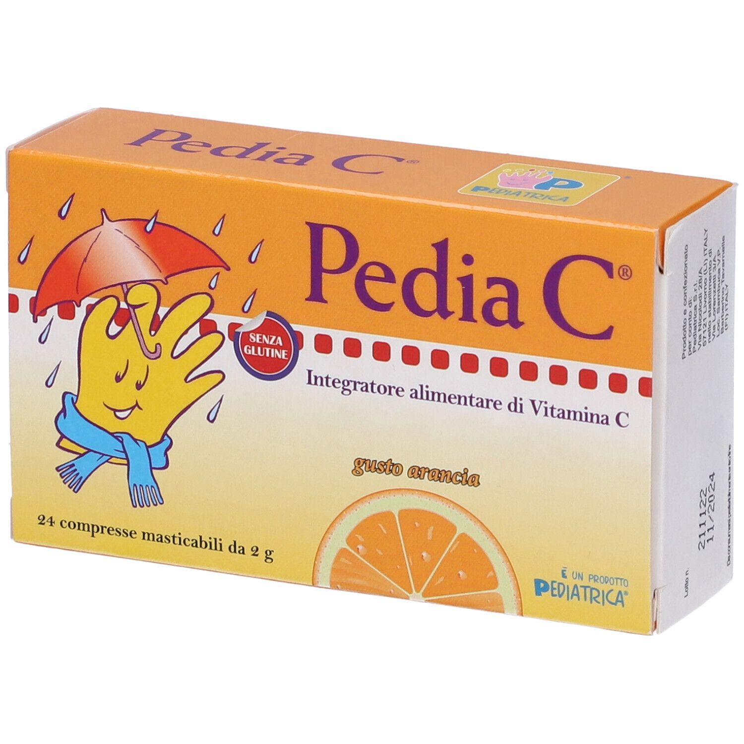 Pedia C-Verpackung. Orangefarbener Karton mit Produktnamen und Illustration. Enthält 24 Kautabletten. Glutenfrei.
