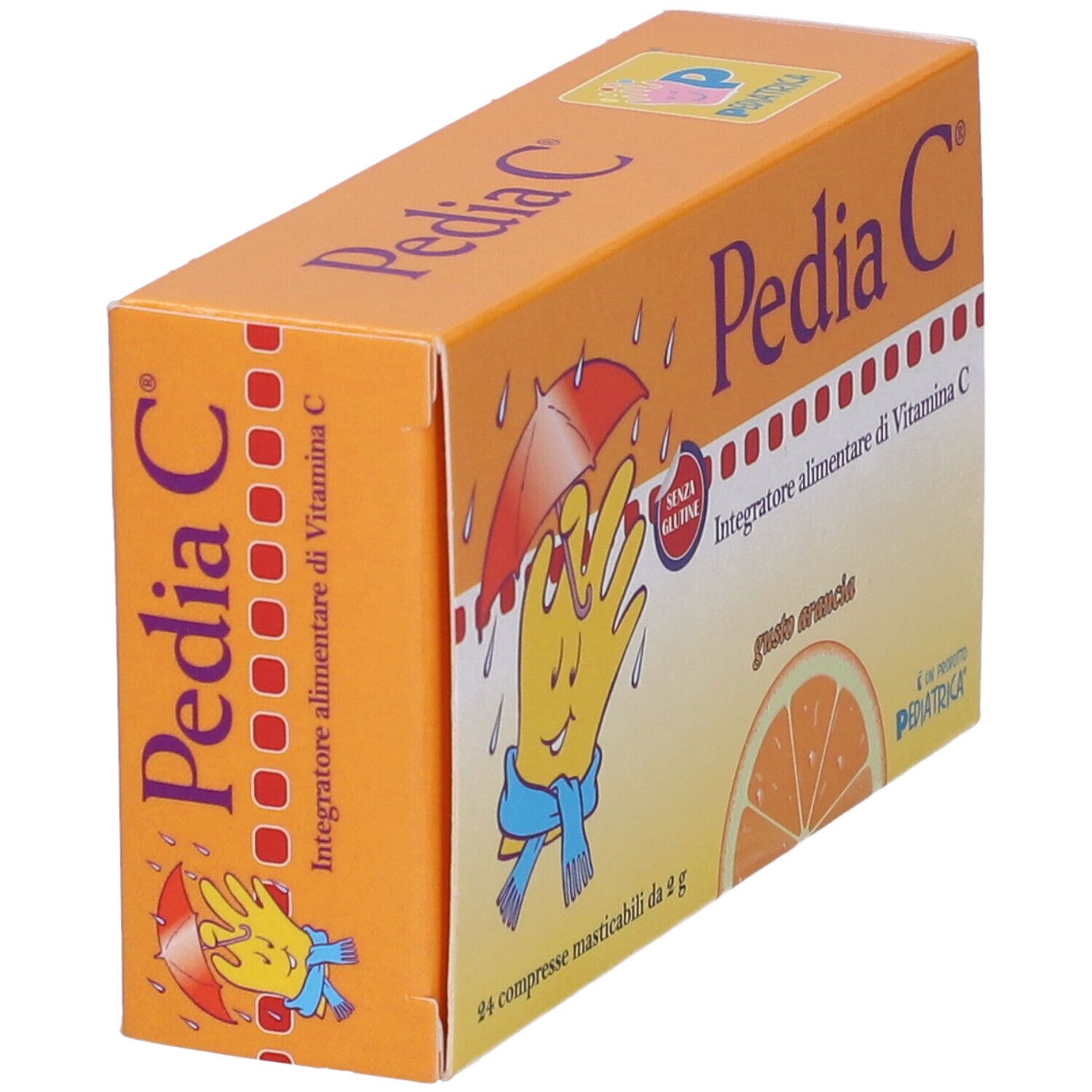 Pedia C-Verpackung. Orangefarbener Karton mit Produktnamen und Illustration. Enthält 24 Kautabletten. Glutenfrei.