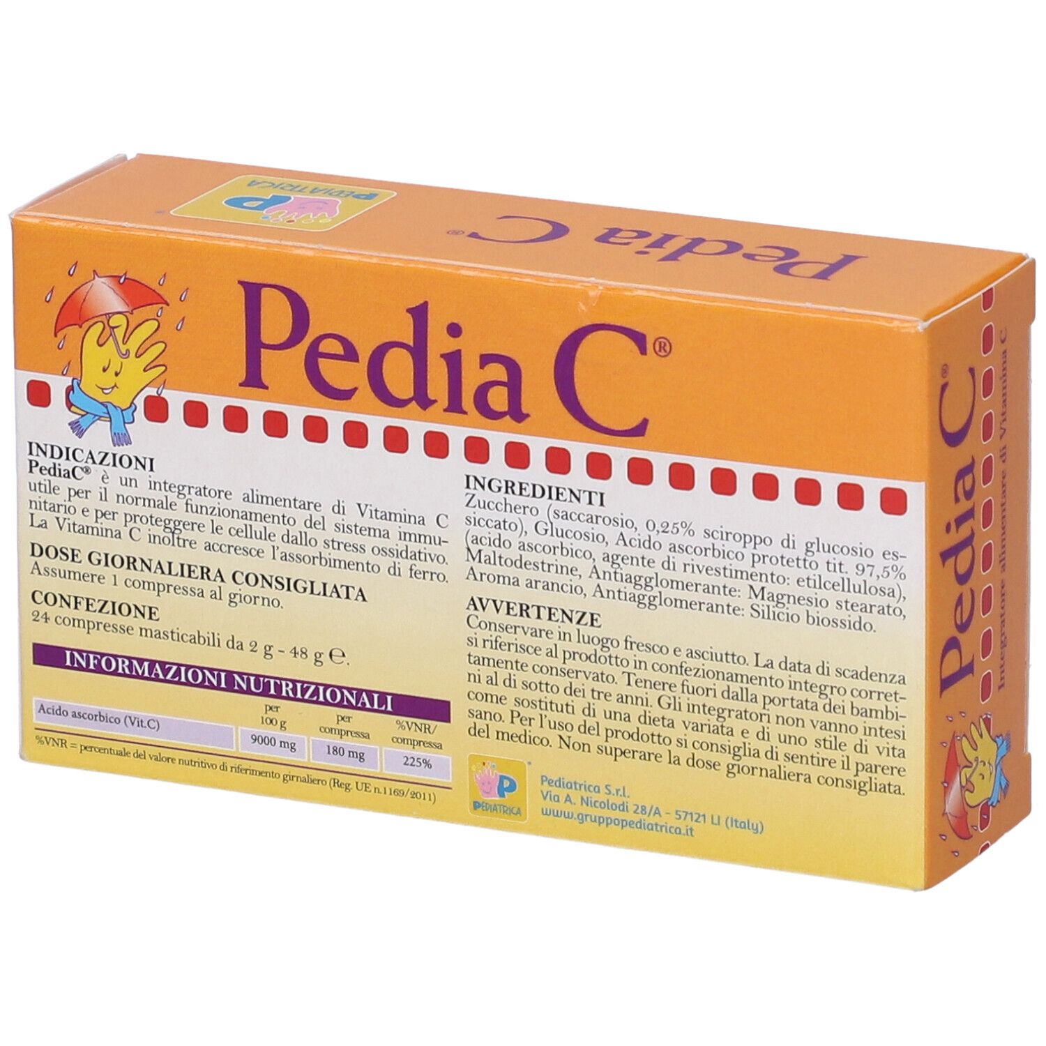 Pedia C-Verpackung. Orangefarbener Karton mit Produktnamen und Illustration. Enthält 24 Kautabletten. Glutenfrei.