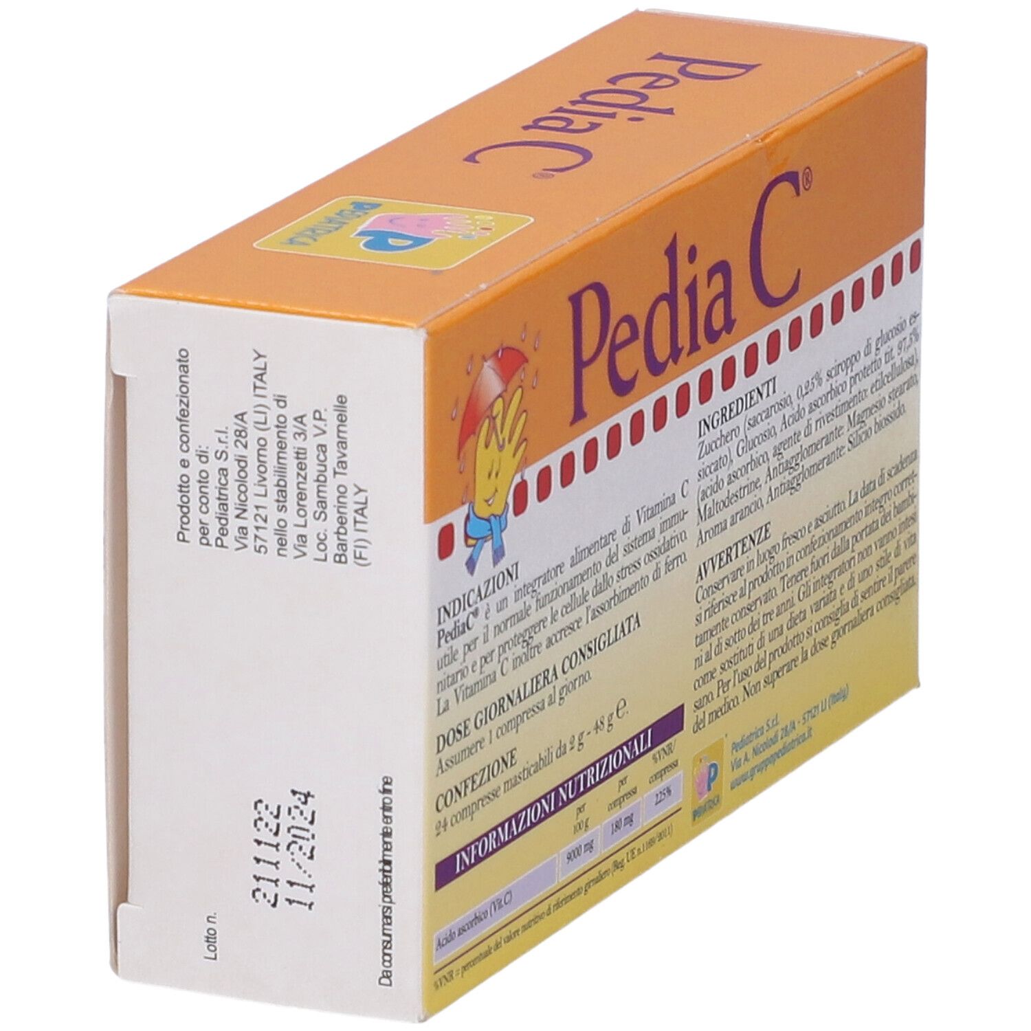Pedia C-Verpackung. Orangefarbener Karton mit Produktnamen und Illustration. Enthält 24 Kautabletten. Glutenfrei.