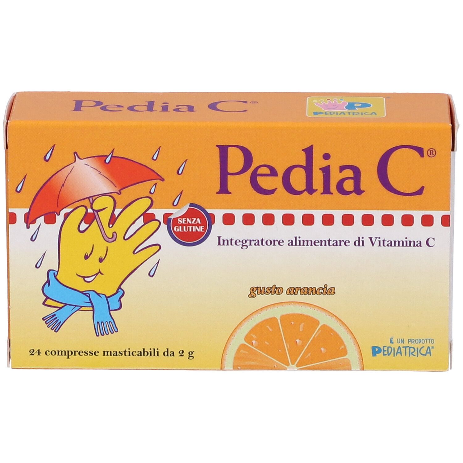 Pedia C-Verpackung. Orangefarbener Karton mit Produktnamen und Illustration. Enthält 24 Kautabletten. Glutenfrei.