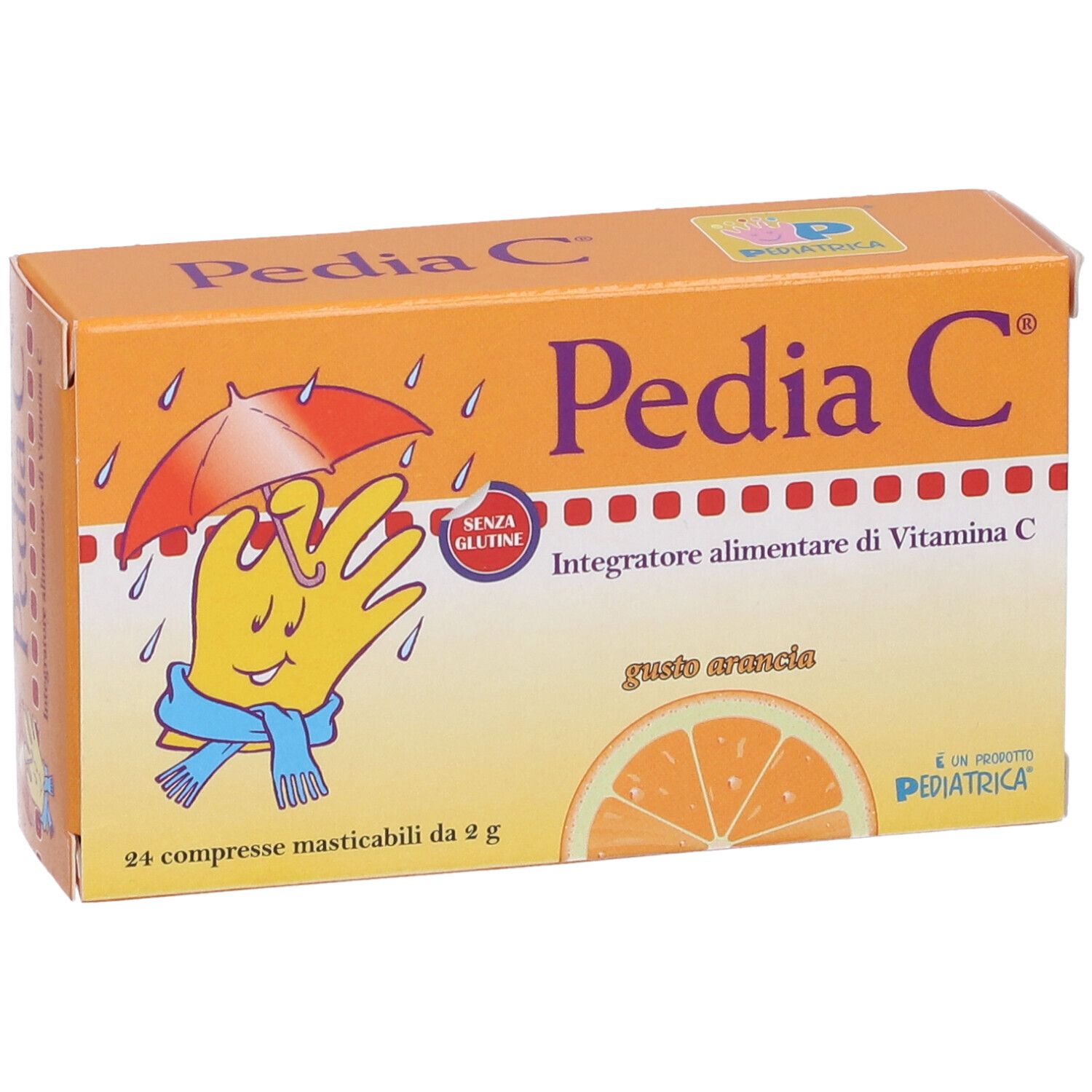 Pedia C-Verpackung. Orangefarbener Karton mit Produktnamen und Illustration. Enthält 24 Kautabletten. Glutenfrei.