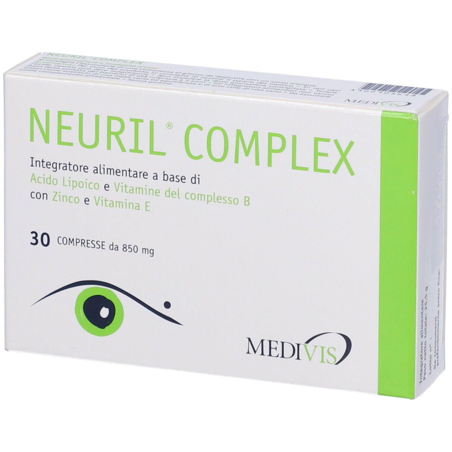 Schachtel Neuril Complex. 30 Tabletten. Enthält Zink und Vitamin E. Marke Medivis.