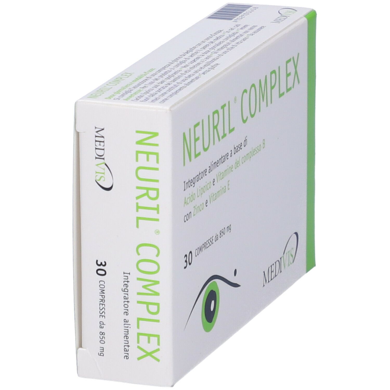 Schachtel Neuril Complex. 30 Tabletten. Enthält Zink und Vitamin E. Marke Medivis.