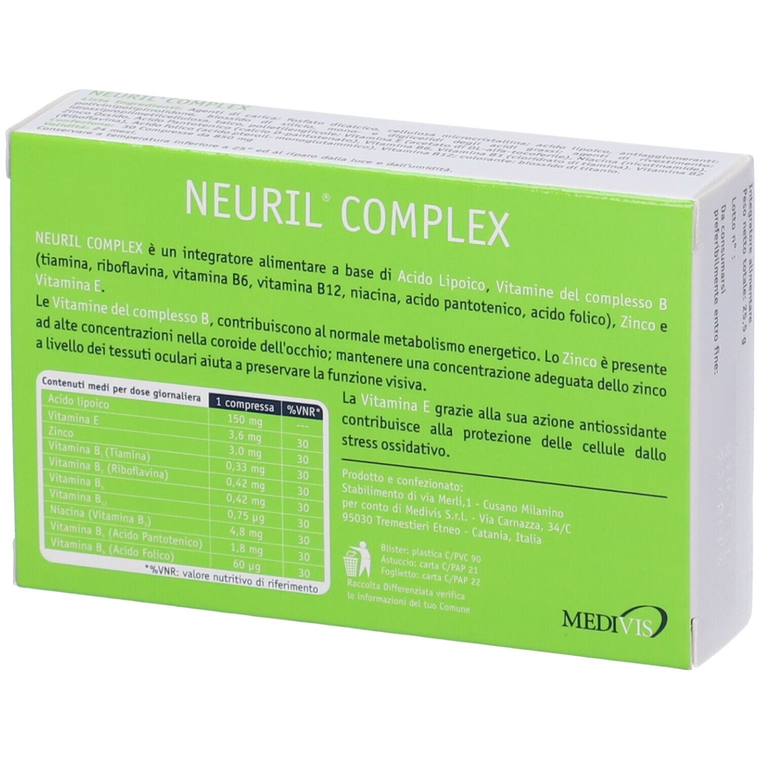 Rückseite der Neuril Complex Schachtel. Enthält Informationen zu Inhaltsstoffen und Nährwerten.