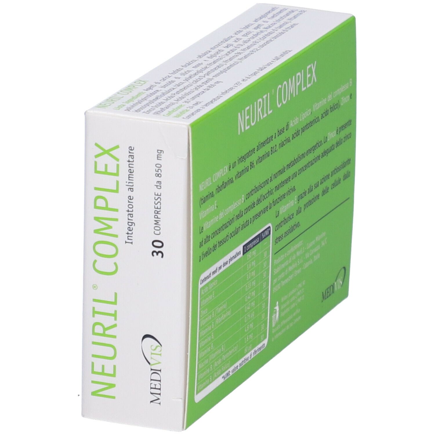 Schachtel Neuril Complex. 30 Tabletten. Enthält Zink und Vitamin E. Marke Medivis.