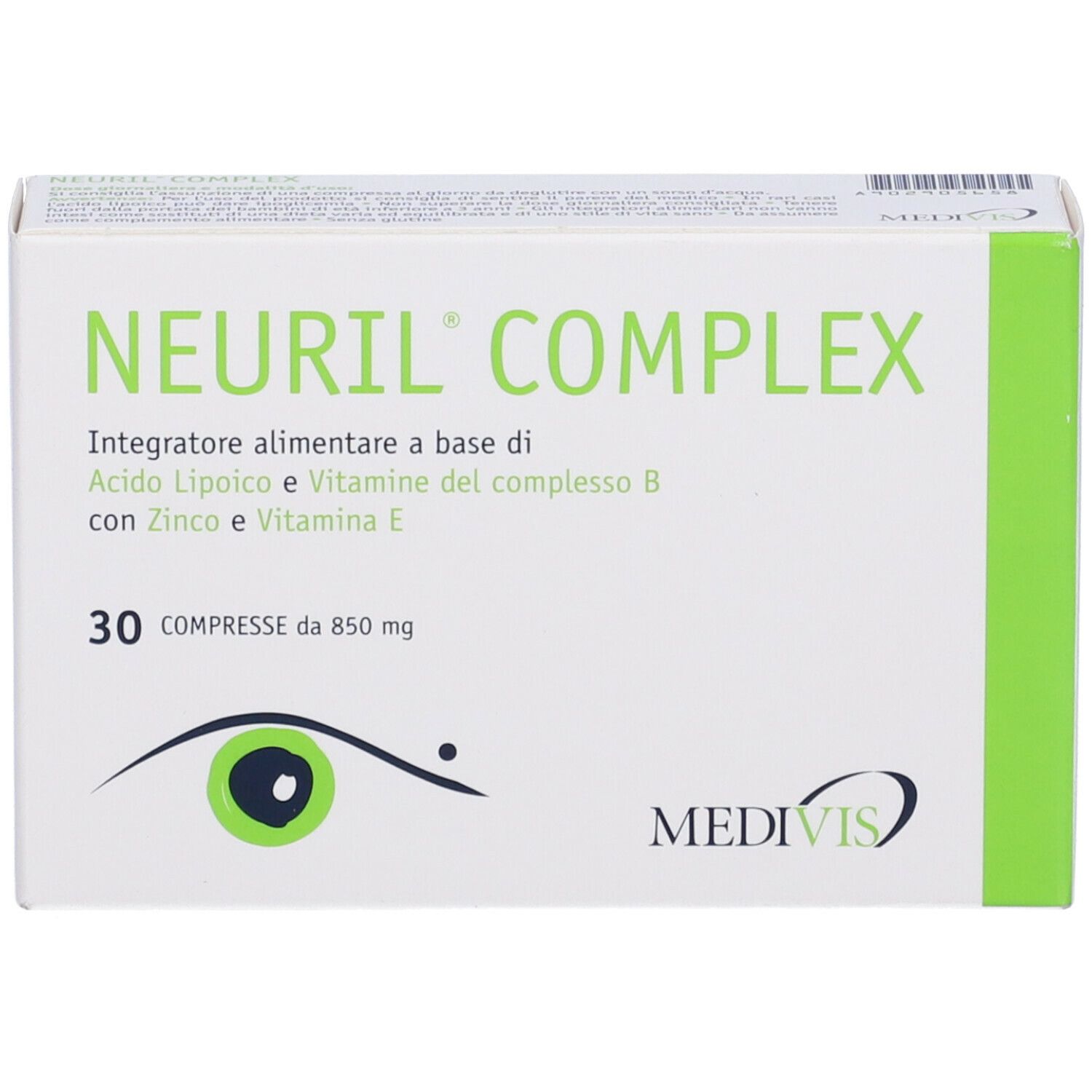 Schachtel Neuril Complex. 30 Tabletten. Enthält Zink und Vitamin E. Marke Medivis.