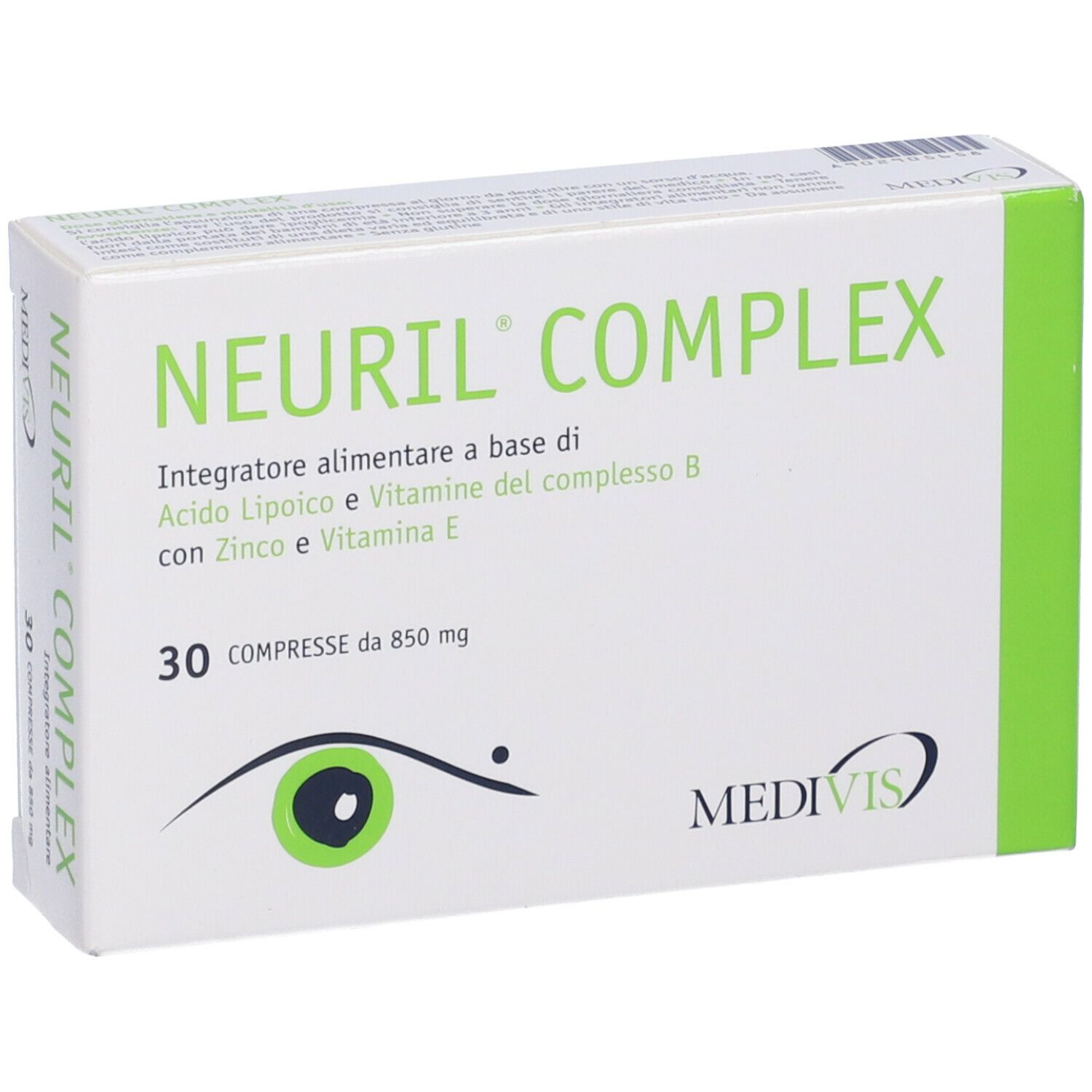 Schachtel Neuril Complex. 30 Tabletten. Enthält Zink und Vitamin E. Marke Medivis.