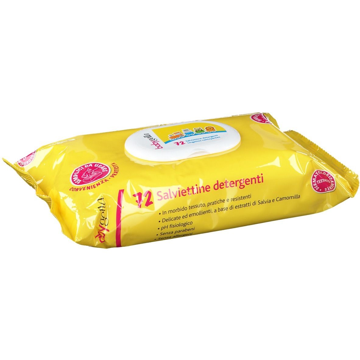 Gelbe Verpackung mit Reinigungstüchern. Aufschrift: 72 Tücher, Babygella. Details in italienischer Sprache.