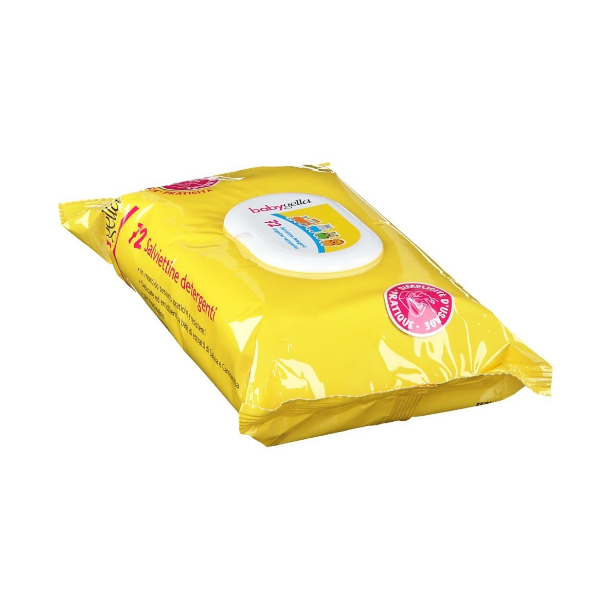 Schräg liegende, gelbe Verpackung mit Reinigungstüchern. Aufschrift: Babygella. Details in italienischer Sprache.