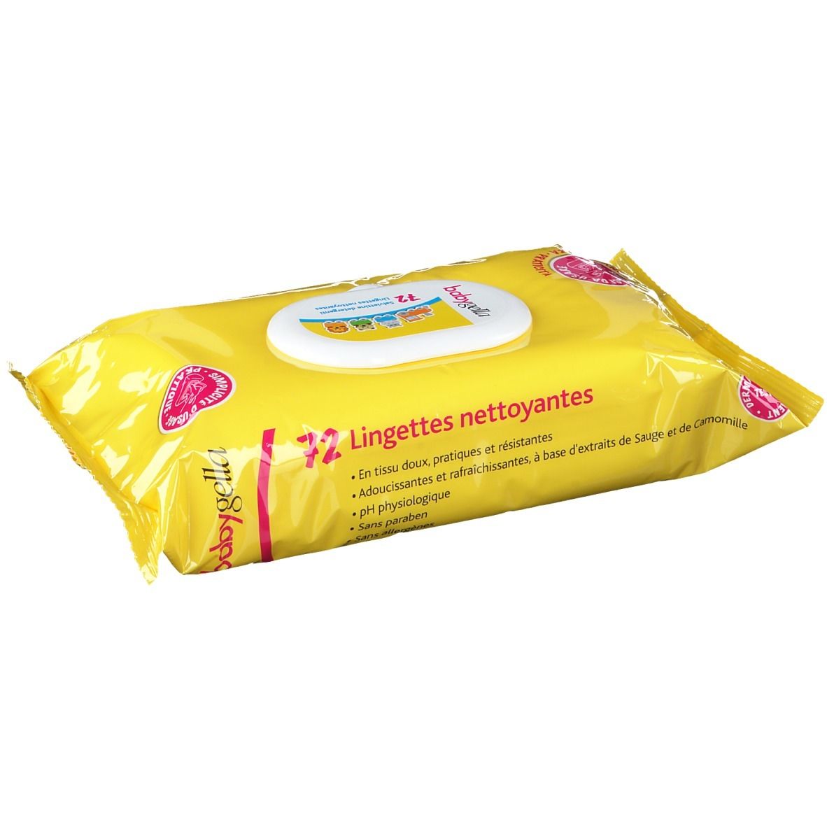 Gelbe Verpackung mit Reinigungstüchern. Aufschrift: 72 Lingettes nettoyantes, Babygella. Details in französischer Sprache.