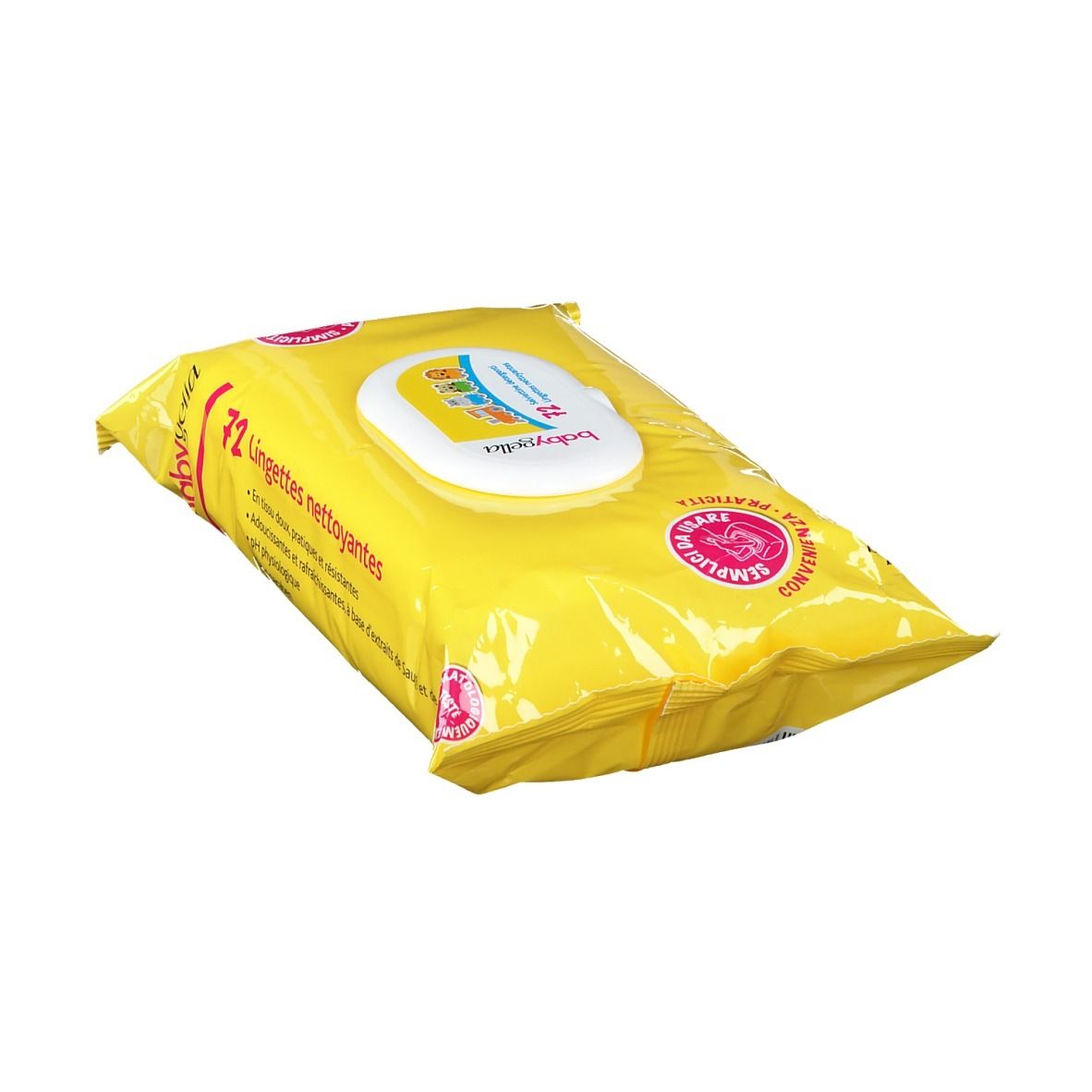 Schräg liegende, gelbe Verpackung mit Reinigungstüchern. Aufschrift: 72 Lingettes nettoyantes, Babygella. Details in französischer Sprache.