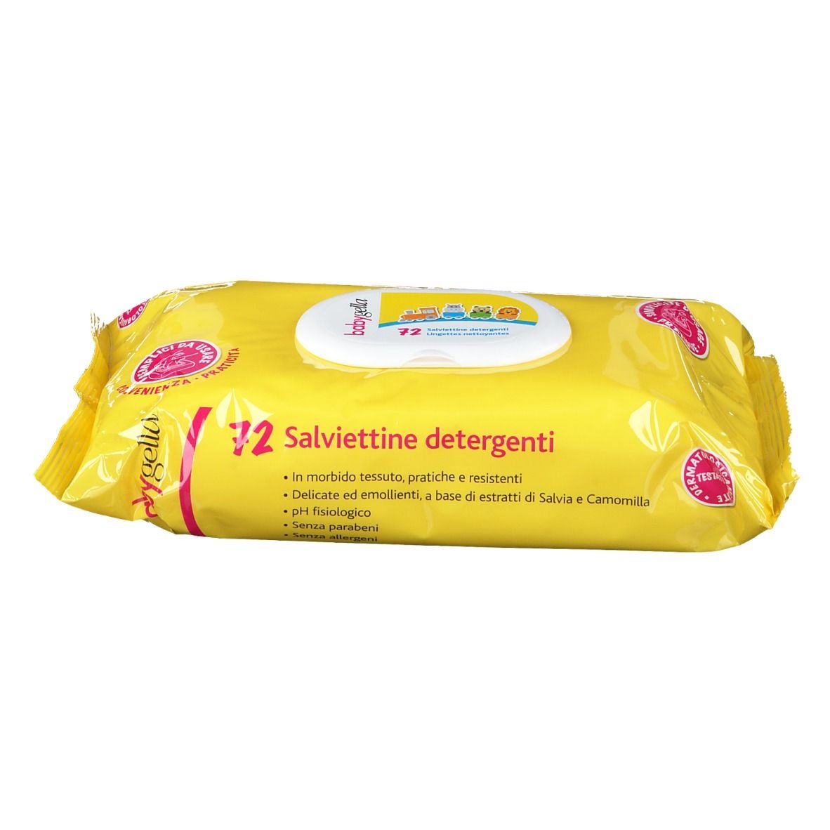 Gelbe Verpackung mit Reinigungstüchern. Aufschrift: 72 Salviettine detergenti, Babygella. Details in italienischer Sprache.