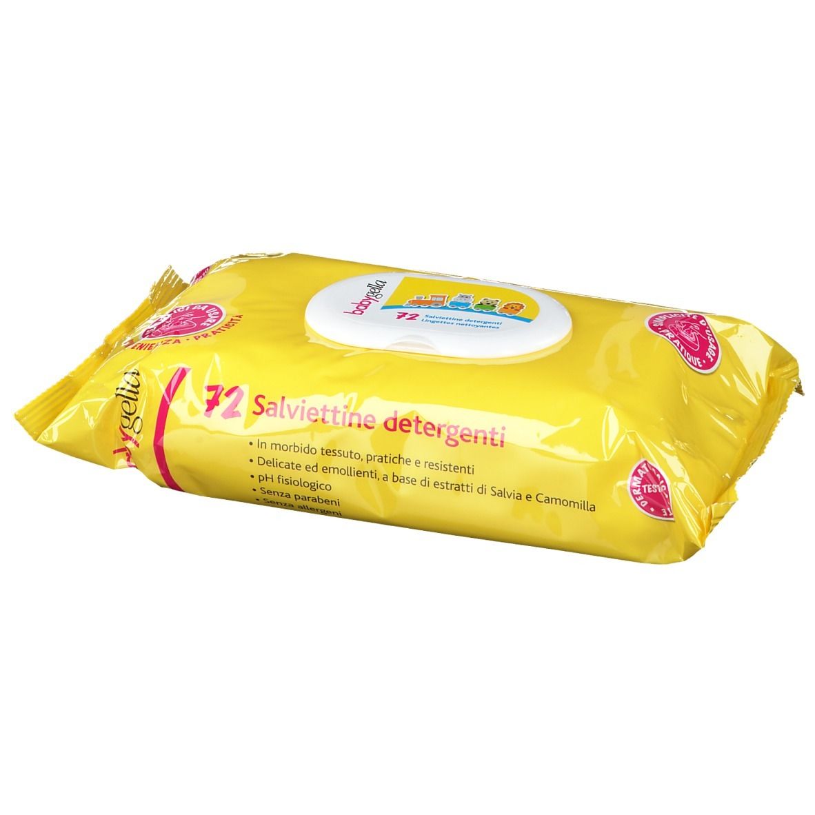 Gelbe Verpackung mit Reinigungstüchern. Aufschrift: 72 Salviettine detergenti, Babygella. Details in italienischer Sprache.
