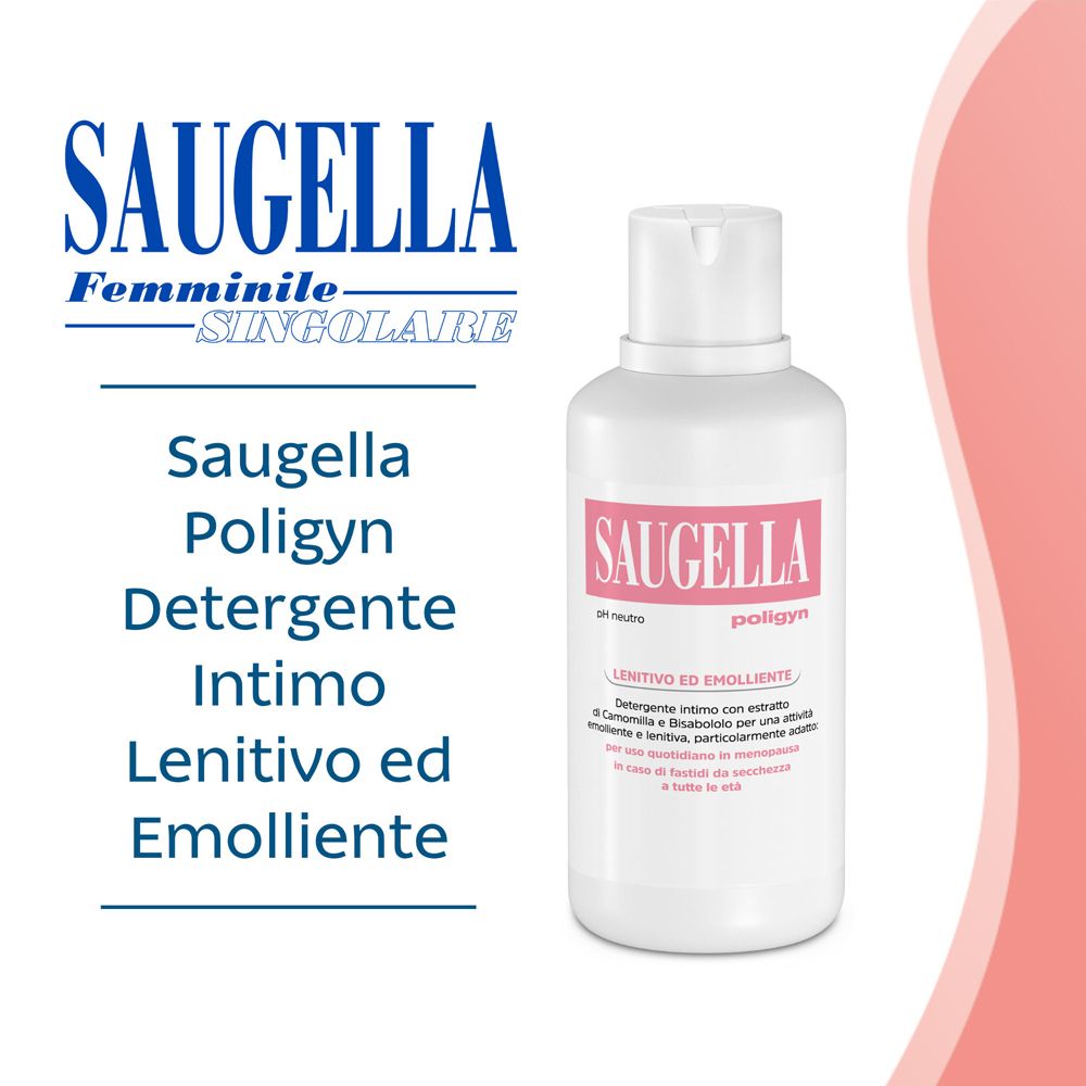Flacon blanc avec étiquette rouge. Inscription : Saugella poligyn. Produit pour l'hygiène intime. Logo : Saugella Femminile-Singolare.
