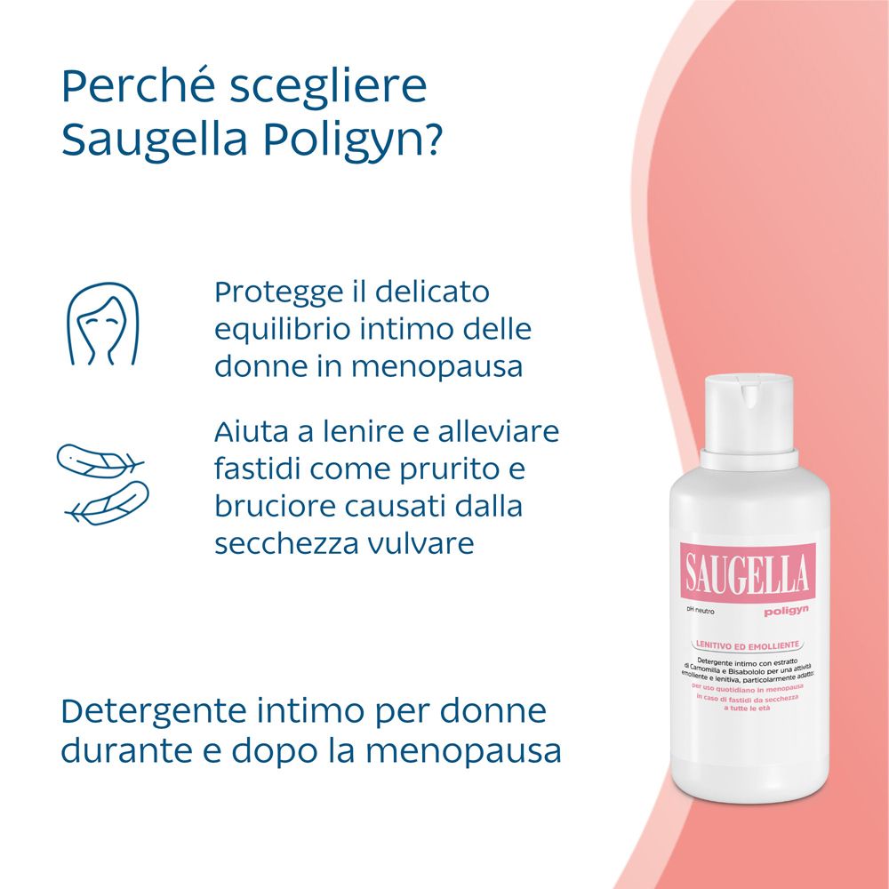 Graphique avec flacon Saugella poligyn. Texte : Pourquoi choisir Saugella Poligyn ? Pour les femmes ménopausées.
