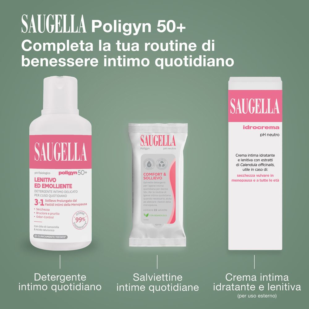 Drei Produkte: Saugella poligyn 50+, Feuchttücher und Creme. Text: Vervollständigen Sie Ihre tägliche Intim-Wellness-Routine.