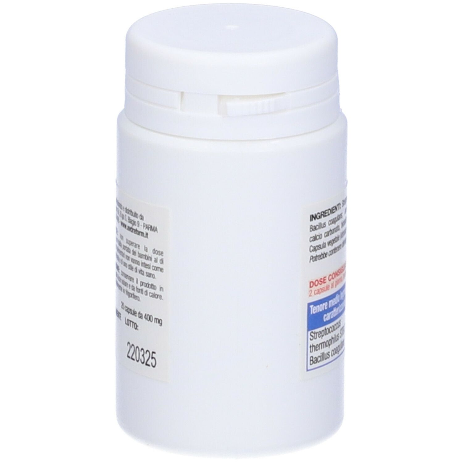 Flacon blanc Enteroflor 2 new. Dos avec informations. Capsules. Sans gluten.