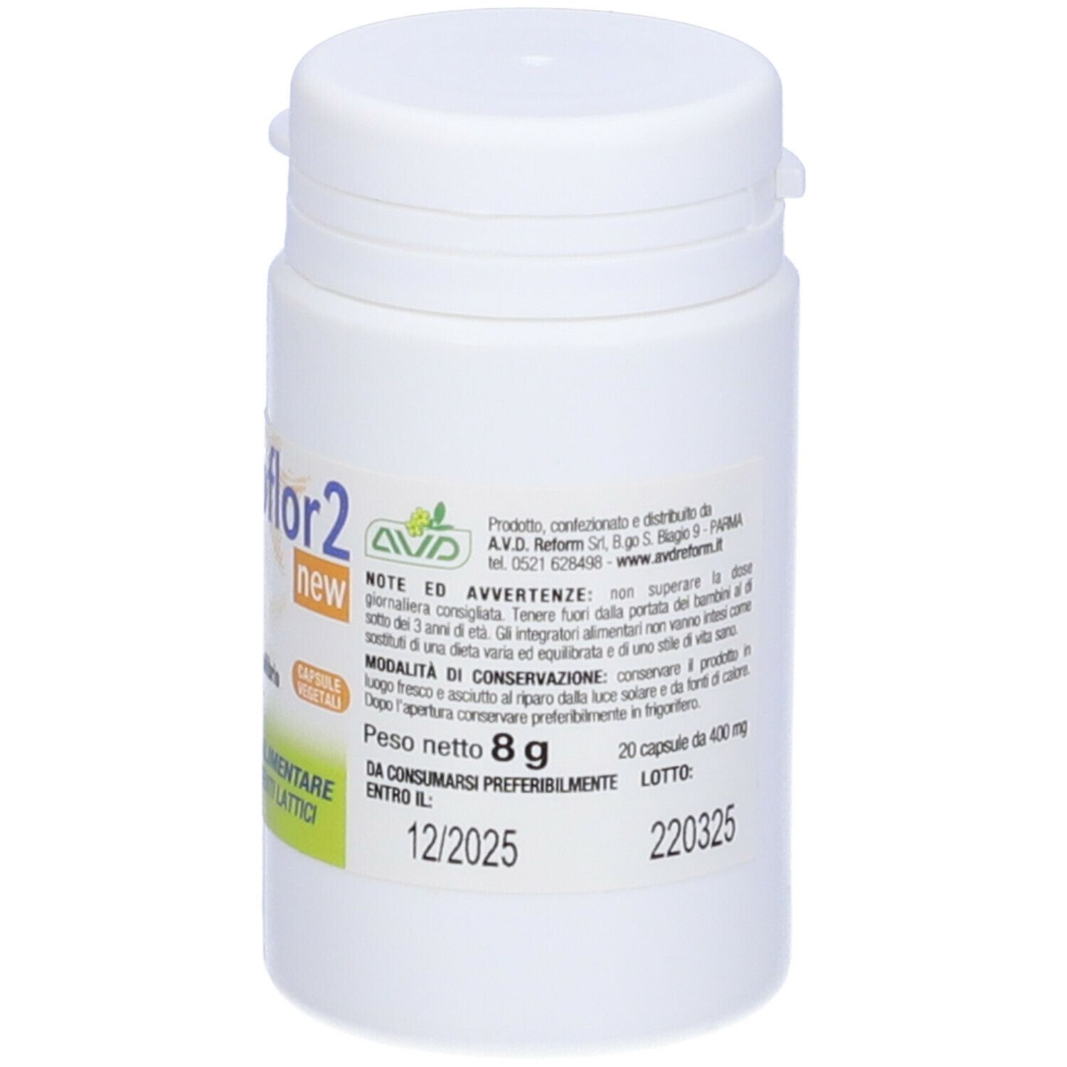 Flacon blanc Enteroflor 2 new. Informations, date de péremption. Capsules. Sans gluten.