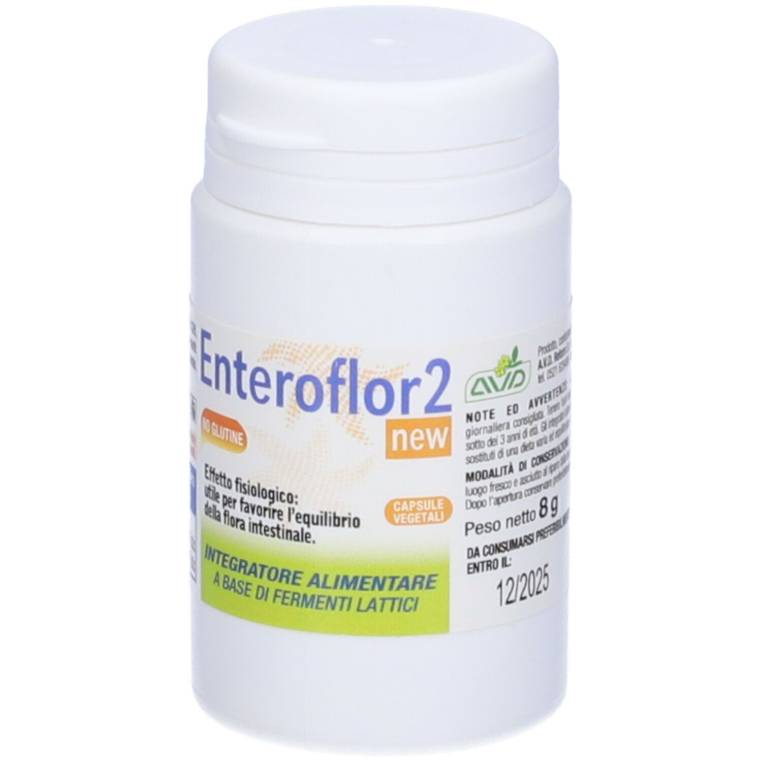 Flacon blanc Enteroflor 2 new. Inscription: Integratore Alimentare. Capsules. Sans gluten.