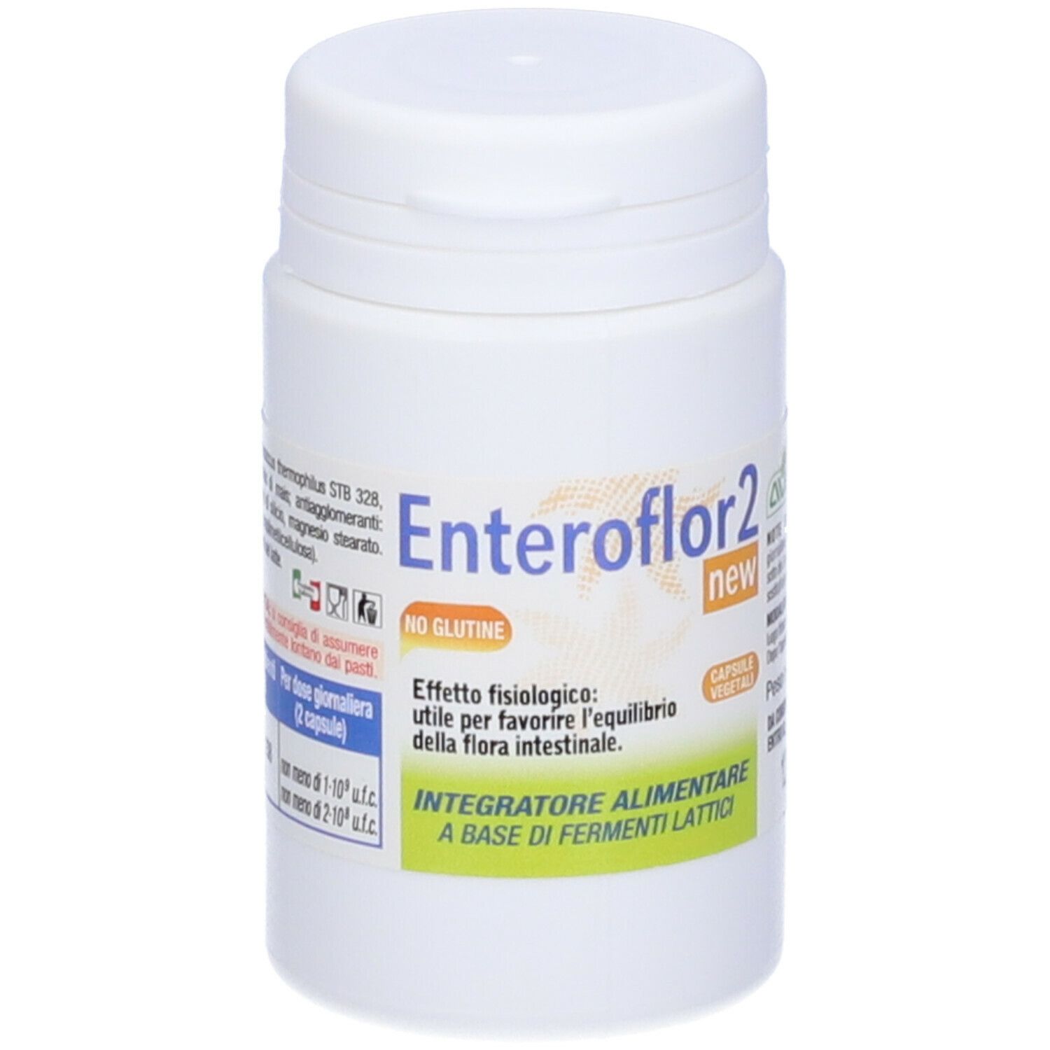 Flacon blanc Enteroflor 2 new. Inscription: Integratore Alimentare. Capsules. Sans gluten.