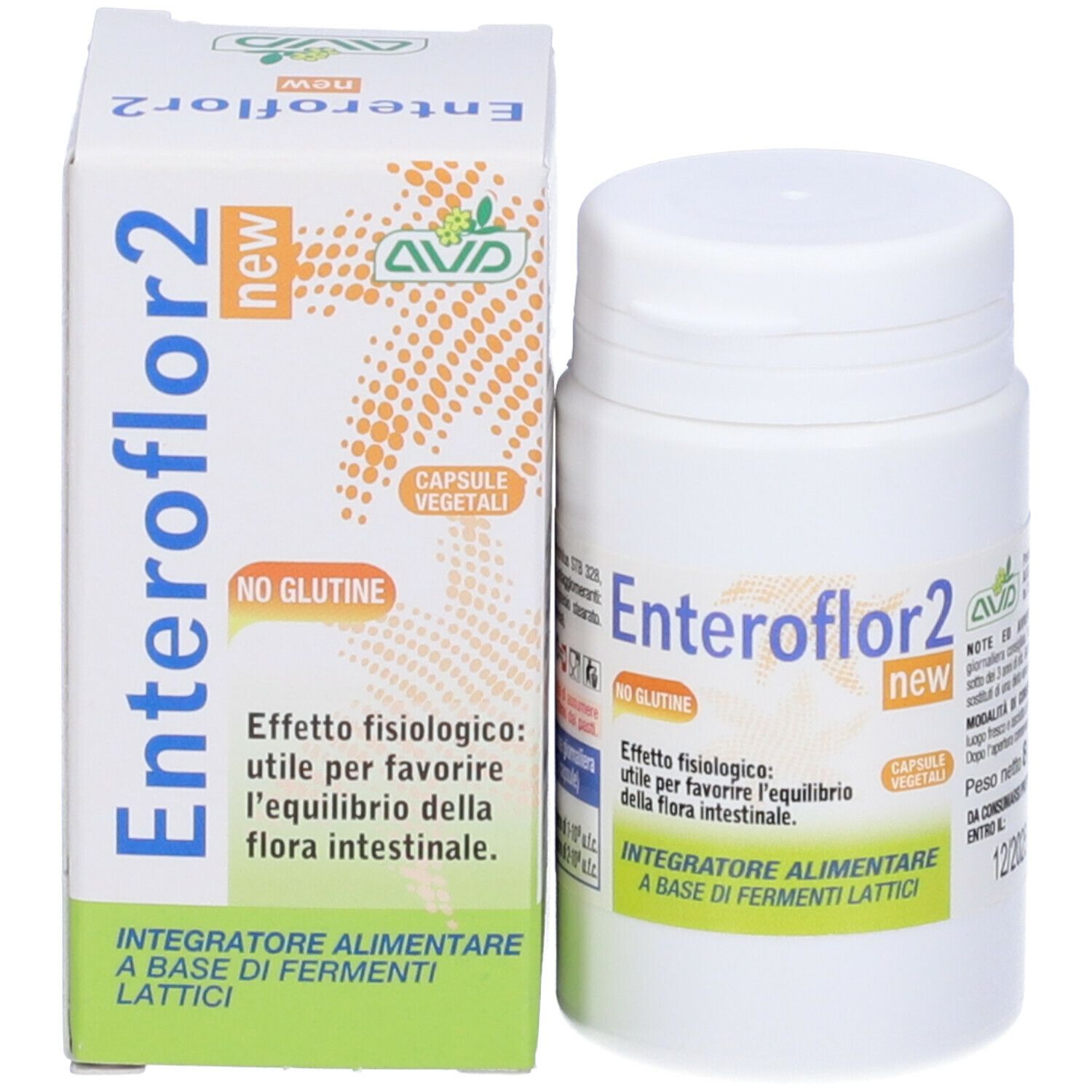 Flacon et boîte Enteroflor 2 new. Inscription: Integratore Alimentare. Capsules. Sans gluten.