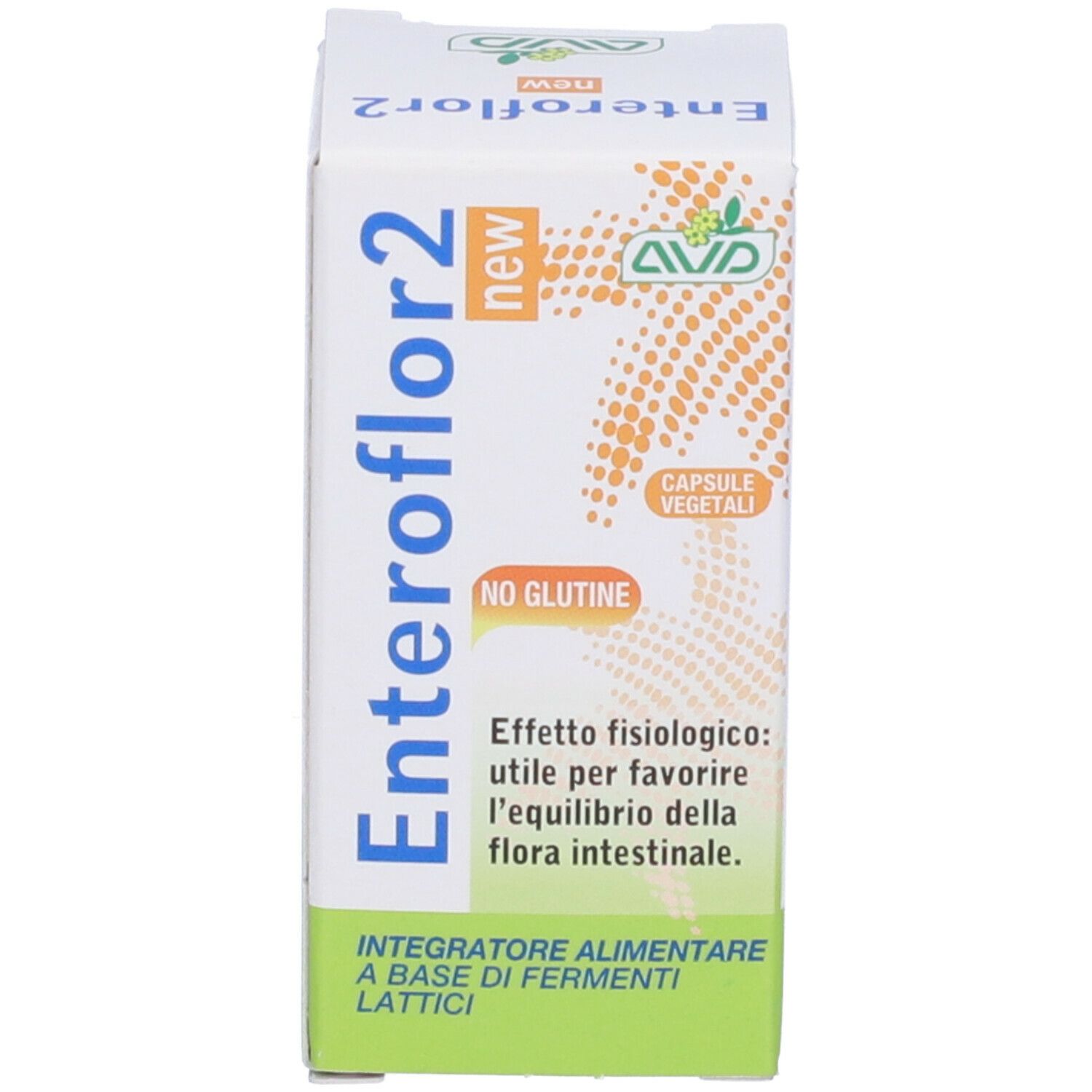 Boîte Enteroflor 2 new. Inscription: Integratore Alimentare. Capsules. Sans gluten.