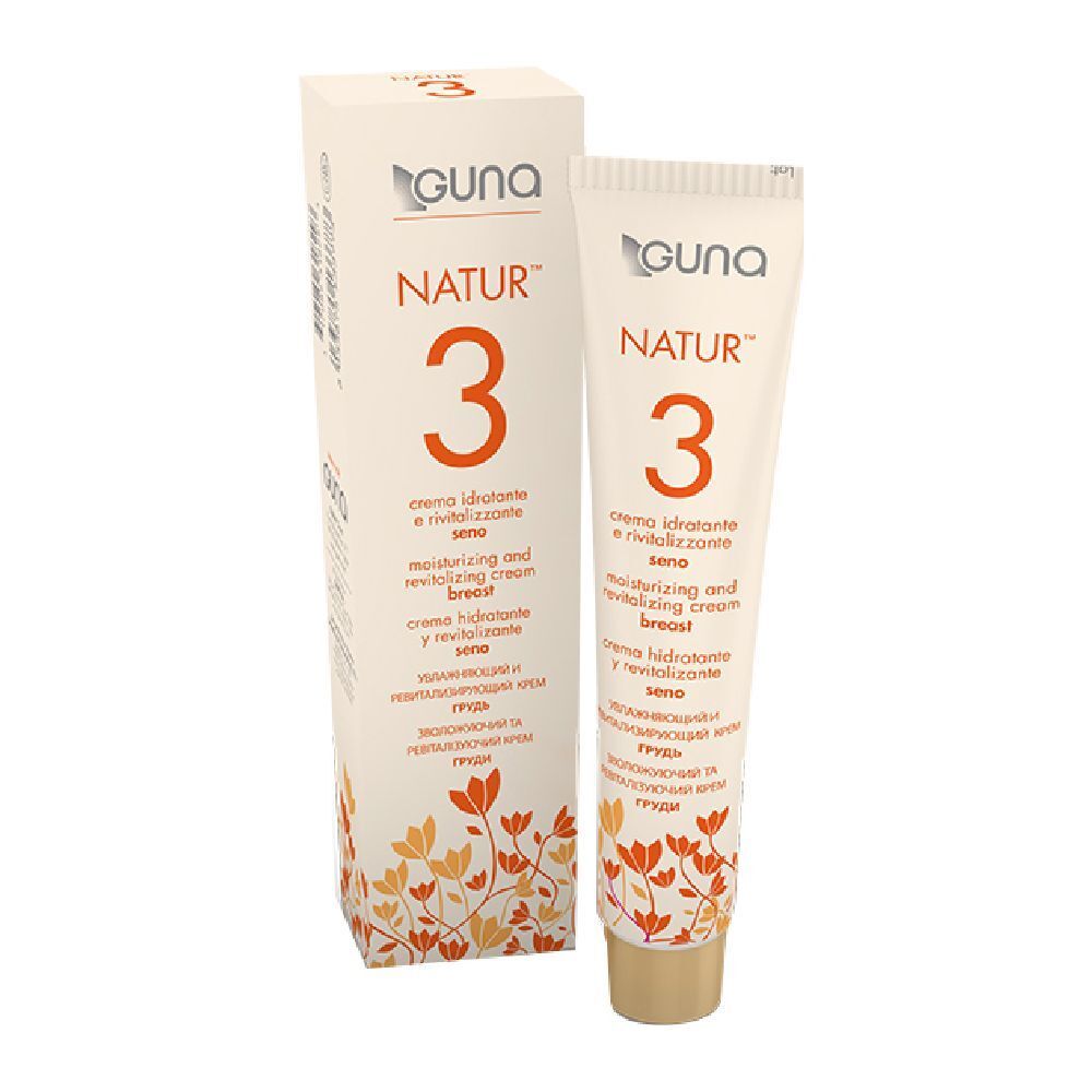 Tube et boîte de crème. Inscription NATUR™ 3, crème pour la poitrine. Logo GUNA. Informations produit multilingues.