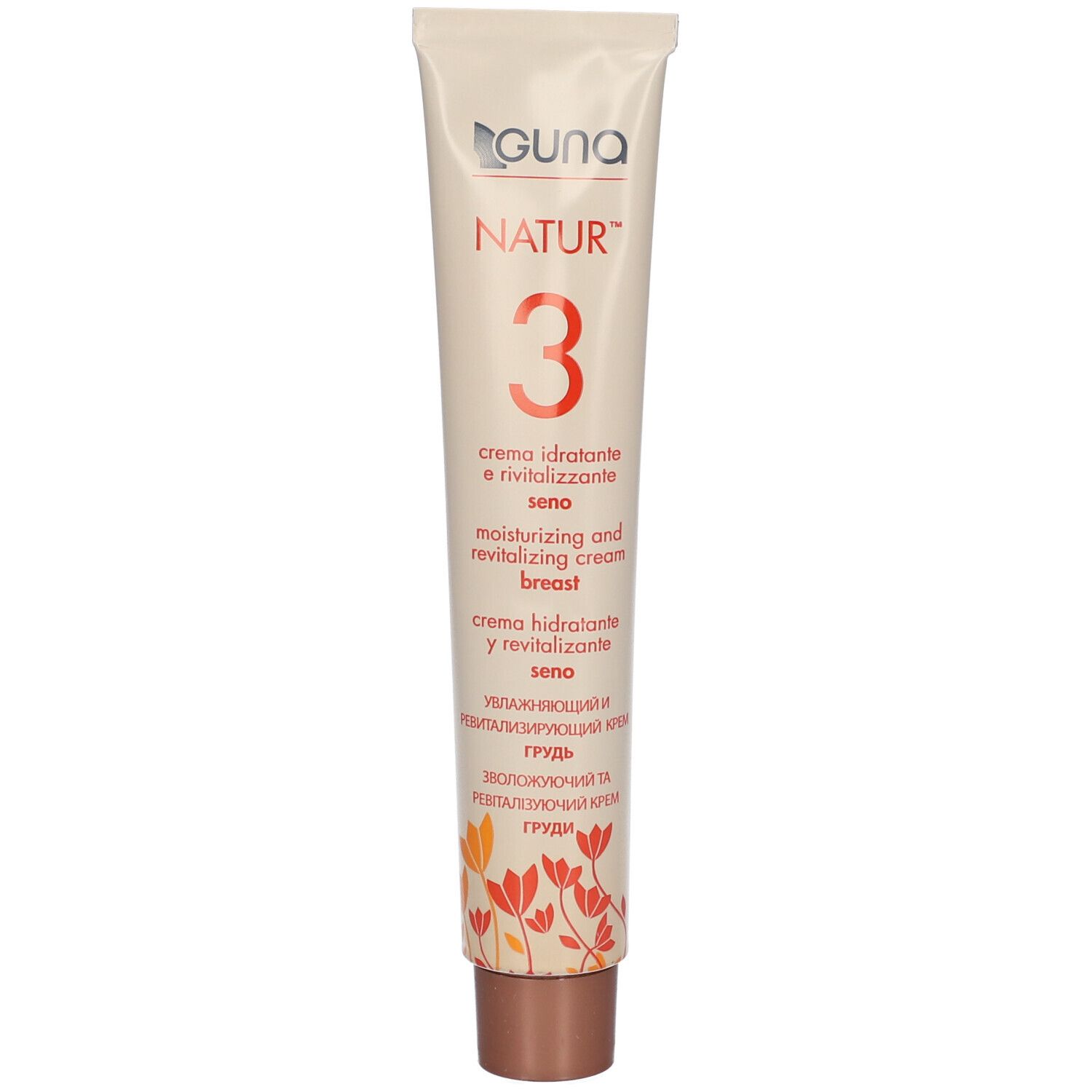 Tube de crème. Inscription NATUR™ 3, crème pour la poitrine. Logo GUNA. Informations produit multilingues.