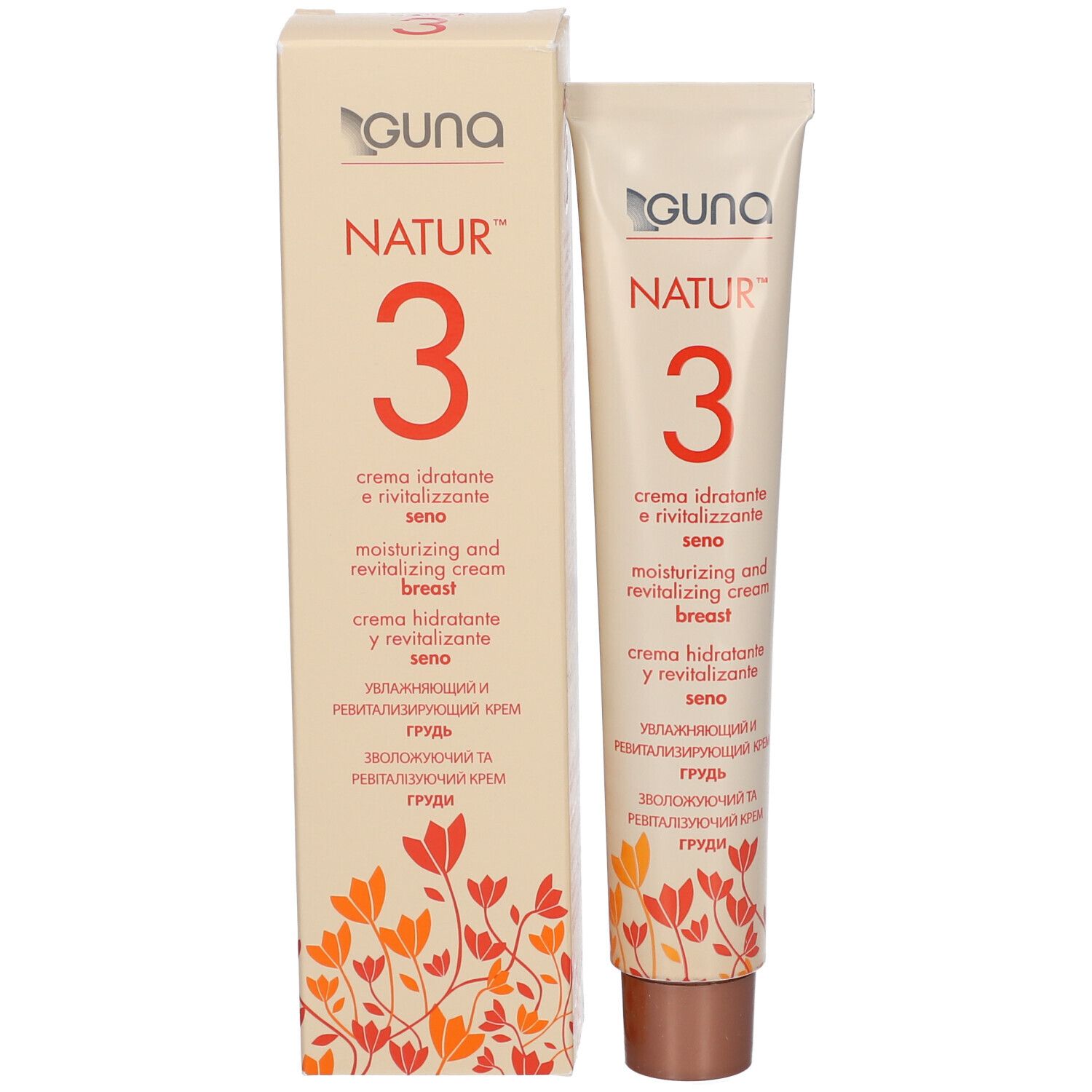 Tube et boîte de crème. Inscription NATUR™ 3, crème pour la poitrine. Logo GUNA. Informations produit multilingues.