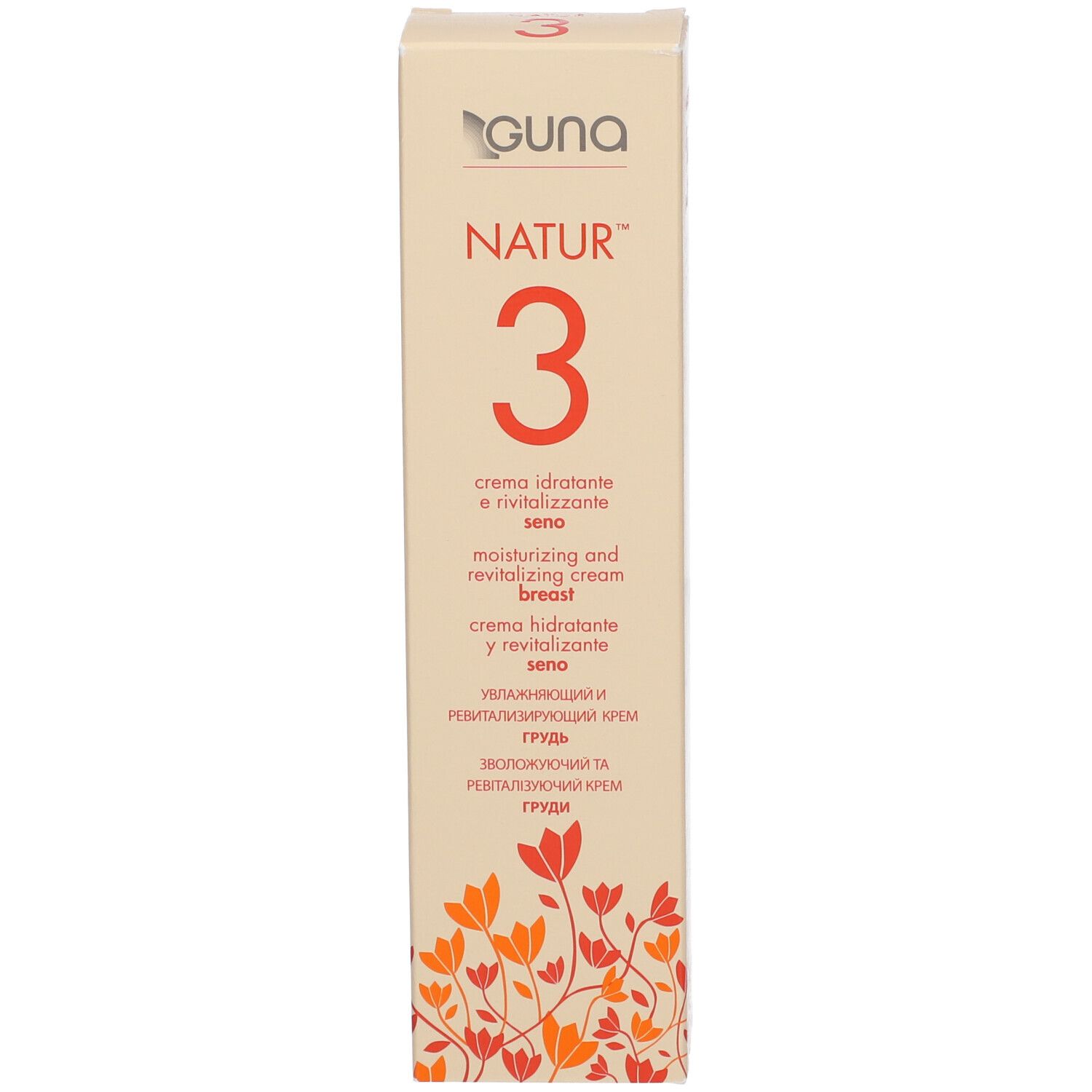 Boîte. Inscription NATUR™ 3, crème pour la poitrine. Logo GUNA. Informations produit multilingues.