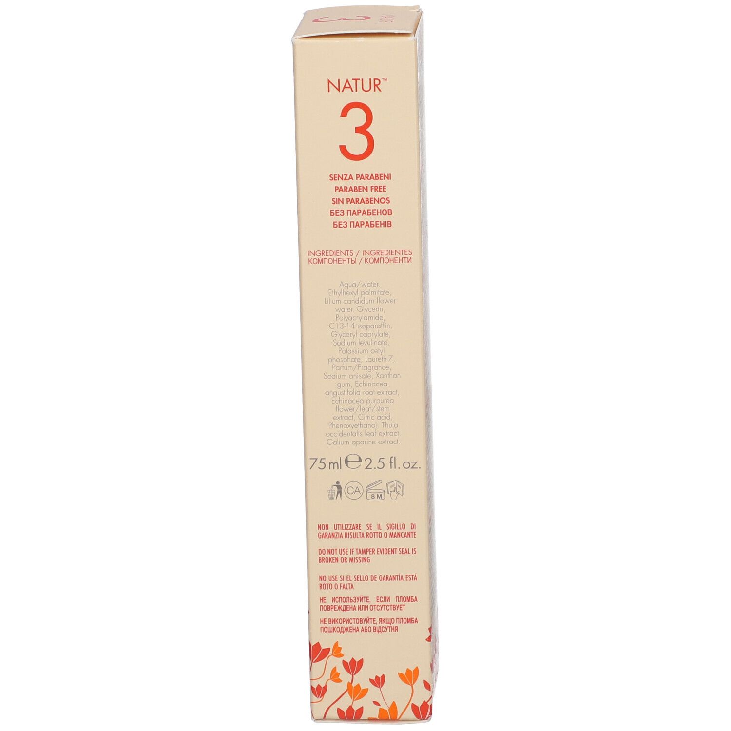 Côté de la boîte. Inscription NATUR™ 3, sans parabène. Ingrédients. Volume : 75ml.