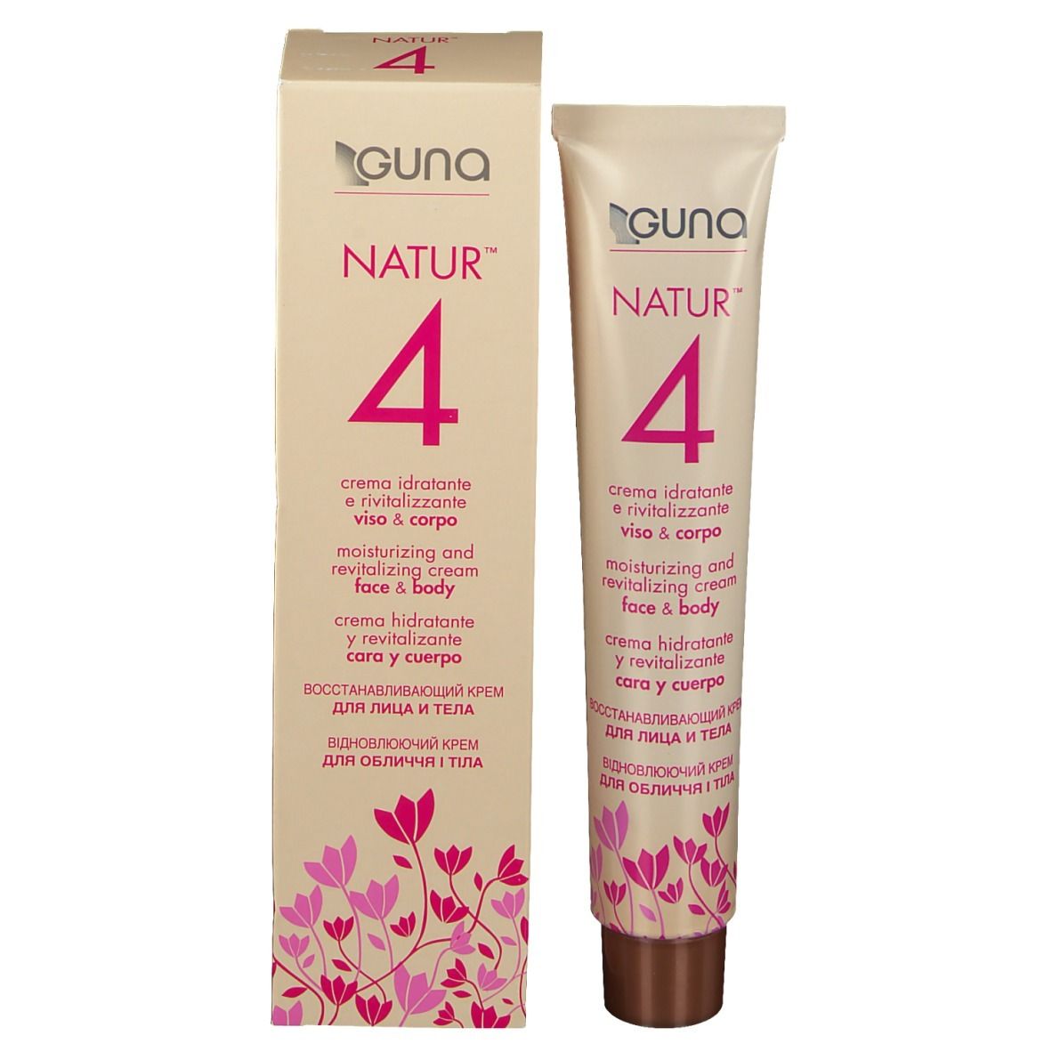 Produktverpackung mit Creme-Tube. Aufschrift Guna Natur 4. Rosa Blumenmuster. Weißer Hintergrund.