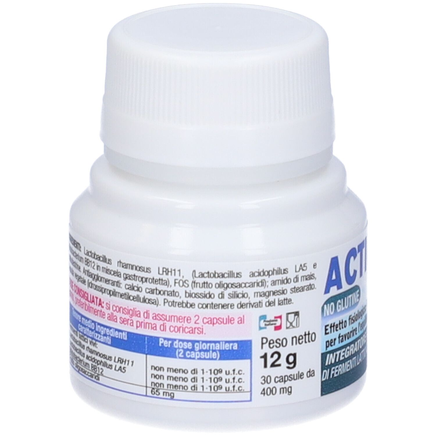 Flacon blanc ACTIcolon. Capsules, sans gluten. Texte italien. Liste des ingrédients.