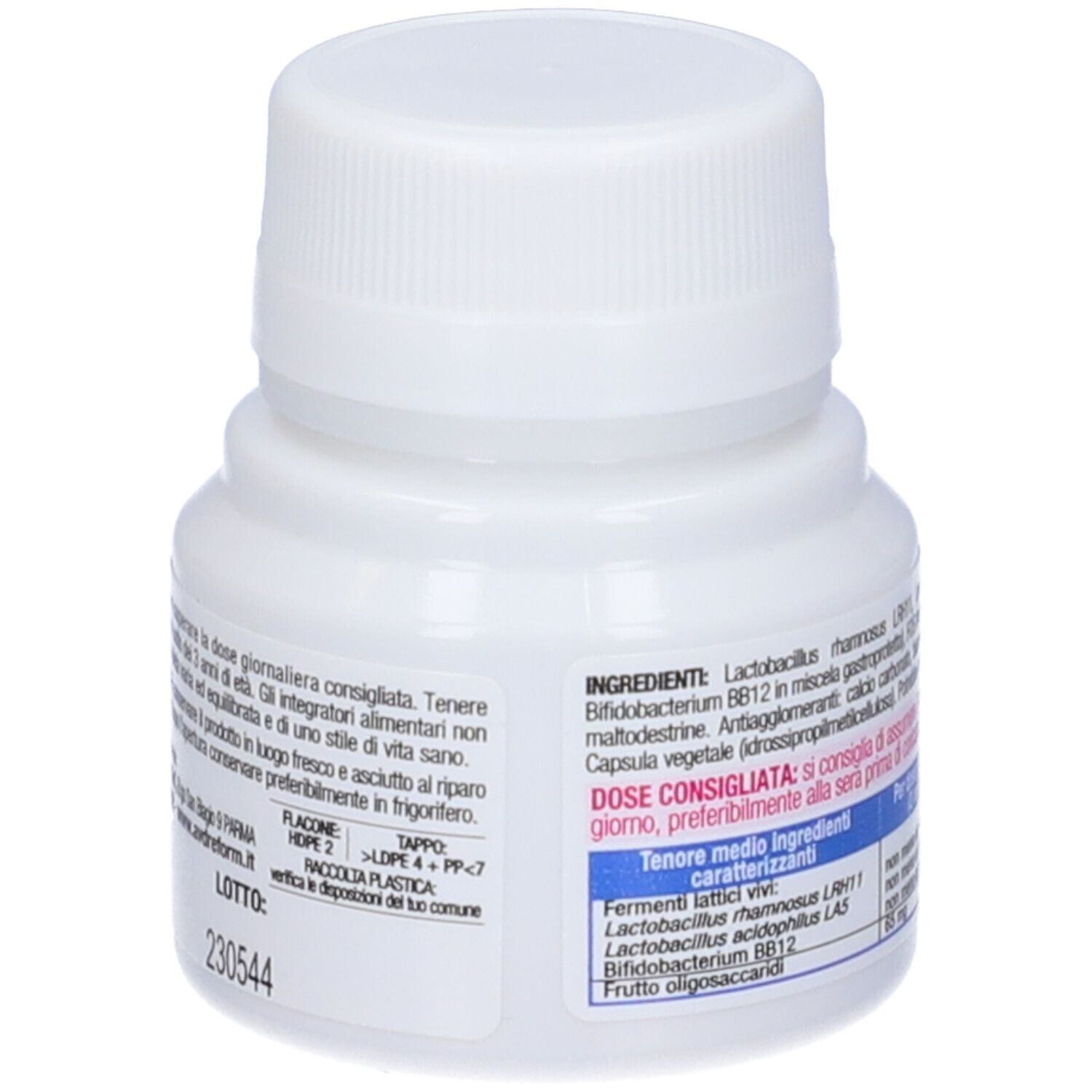 Flacon blanc ACTIcolon. Capsules, sans gluten. Texte italien. Liste des ingrédients.