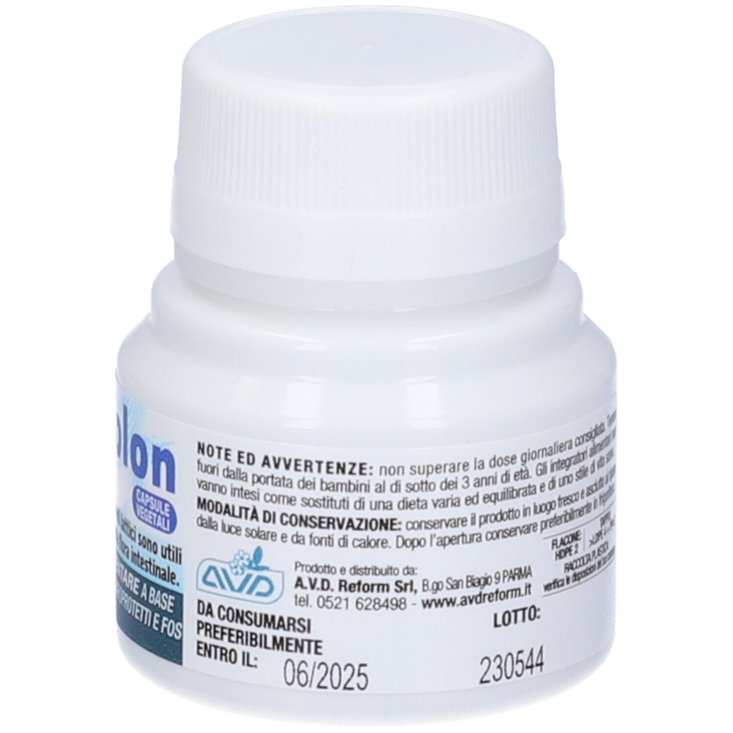 Flacon blanc ACTIcolon. Capsules, sans gluten. Texte italien. Date de péremption.